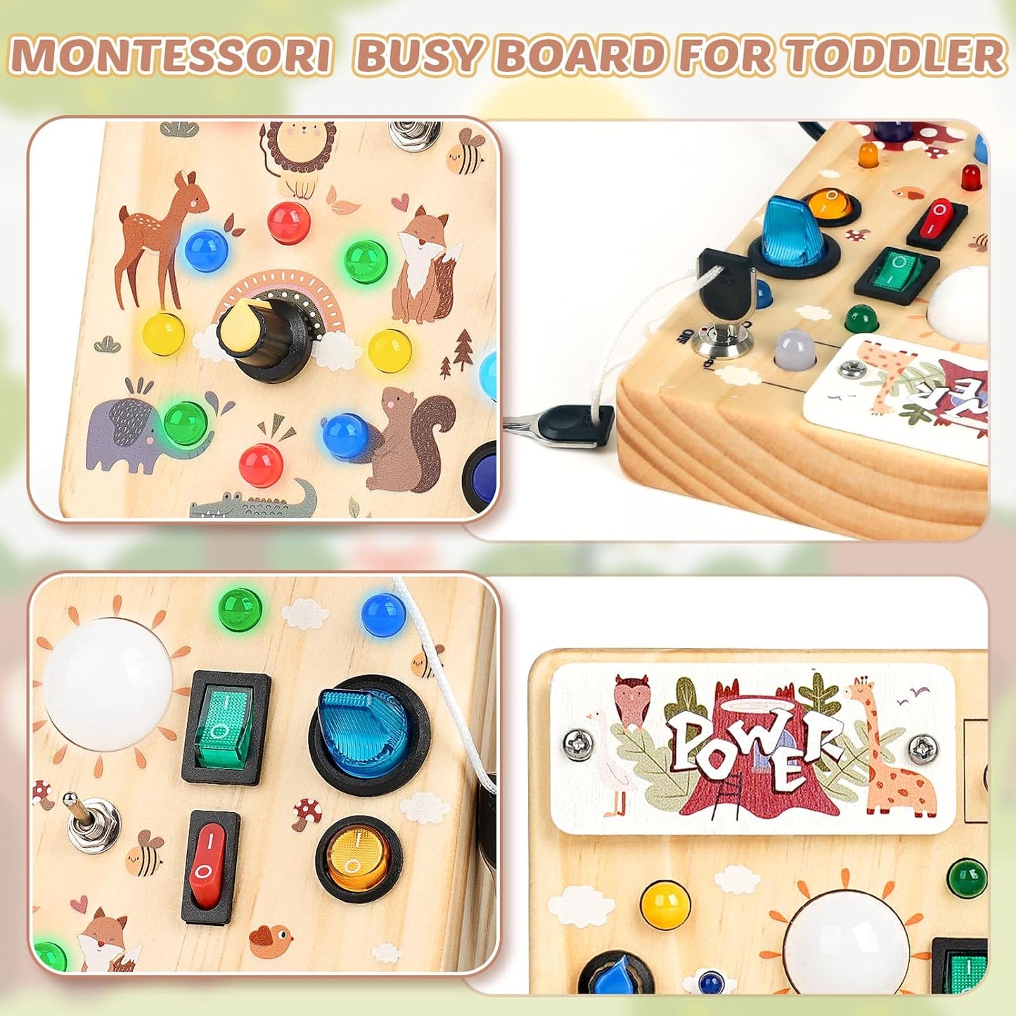 Joyreal Wooden Busy Board with LED Light, Montessori Toddler Toys, Wooden Sensory Board, Toddlers Activity Travel Toys for Boy & Girl Birthday Gift (Forest Theme)