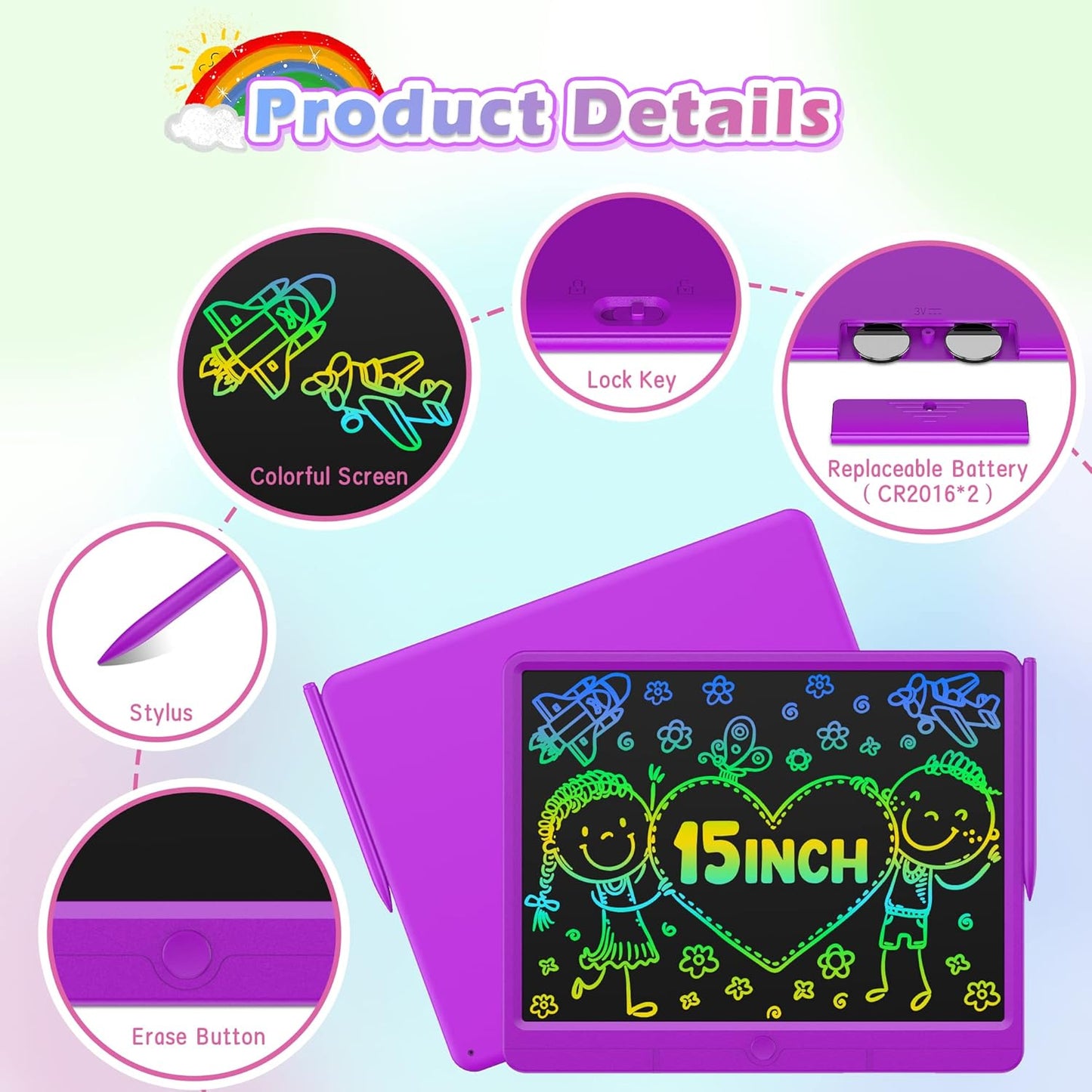 GIGART LCD Writing Tablet 15 Inch Drawing Tablet Magic Doodle Board Drawing Pad, Electronic Writing Board, Educational Toys Gifts for Kids and Adults at Home,School and Office（Purple）