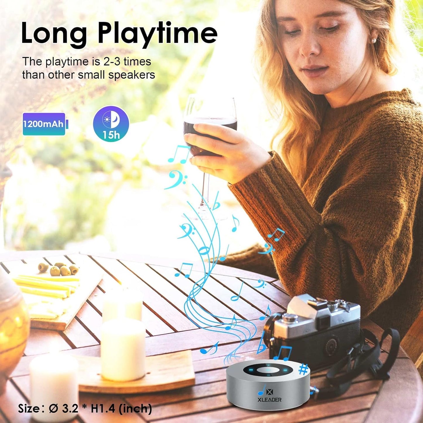 XLEADER Travel Case Packed, Upgraded, Bluetooth Wireless Speaker, Custom Bass Radiator, LED Touch Design, Tiny Pocket Speaker, Mic/TF Card/Aux, 15H Playtime, for Travel Kitchen Office, Space Silver