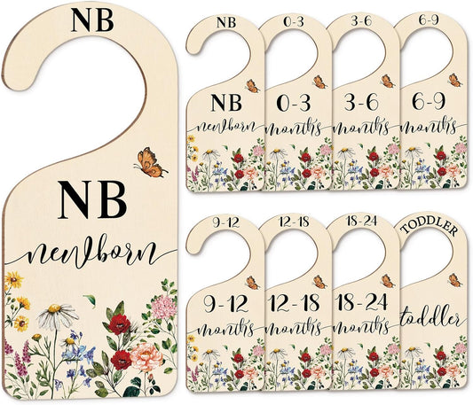 Whaline 8Pcs Vintage Wildflower Hanging Wood Baby Closet Size Dividers and Organizer - Newborn to 24 Months - Thicken Wardrobe Organizer for Home Nursery