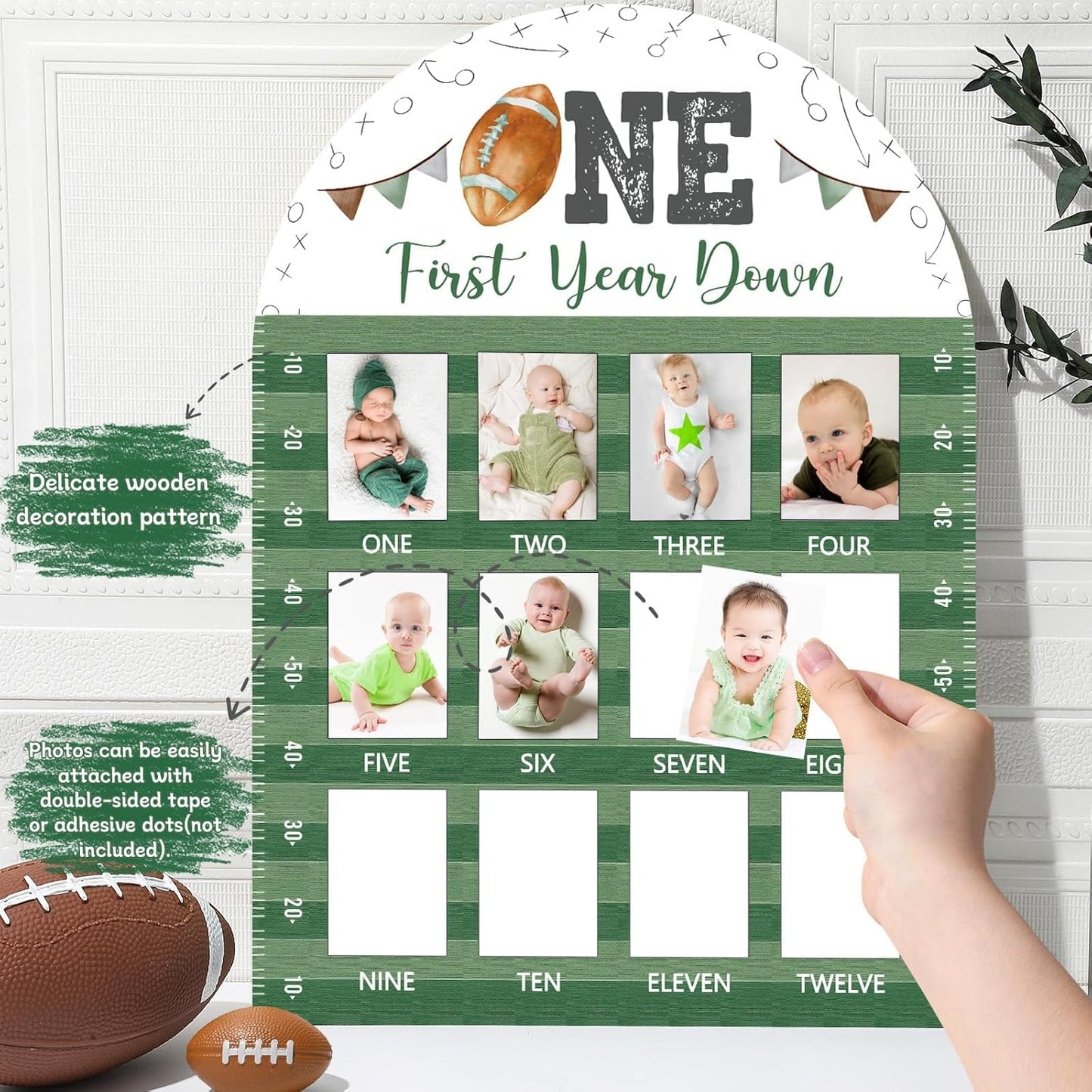 Football First Year Photo Board First Year Down Birthday Party Decorations Wooden Board 12 Monthly Milestone Picture Frame Sports 1st Birthday Photo Banner for Baby Boys Keepsake Gift Supply 2x2.8In
