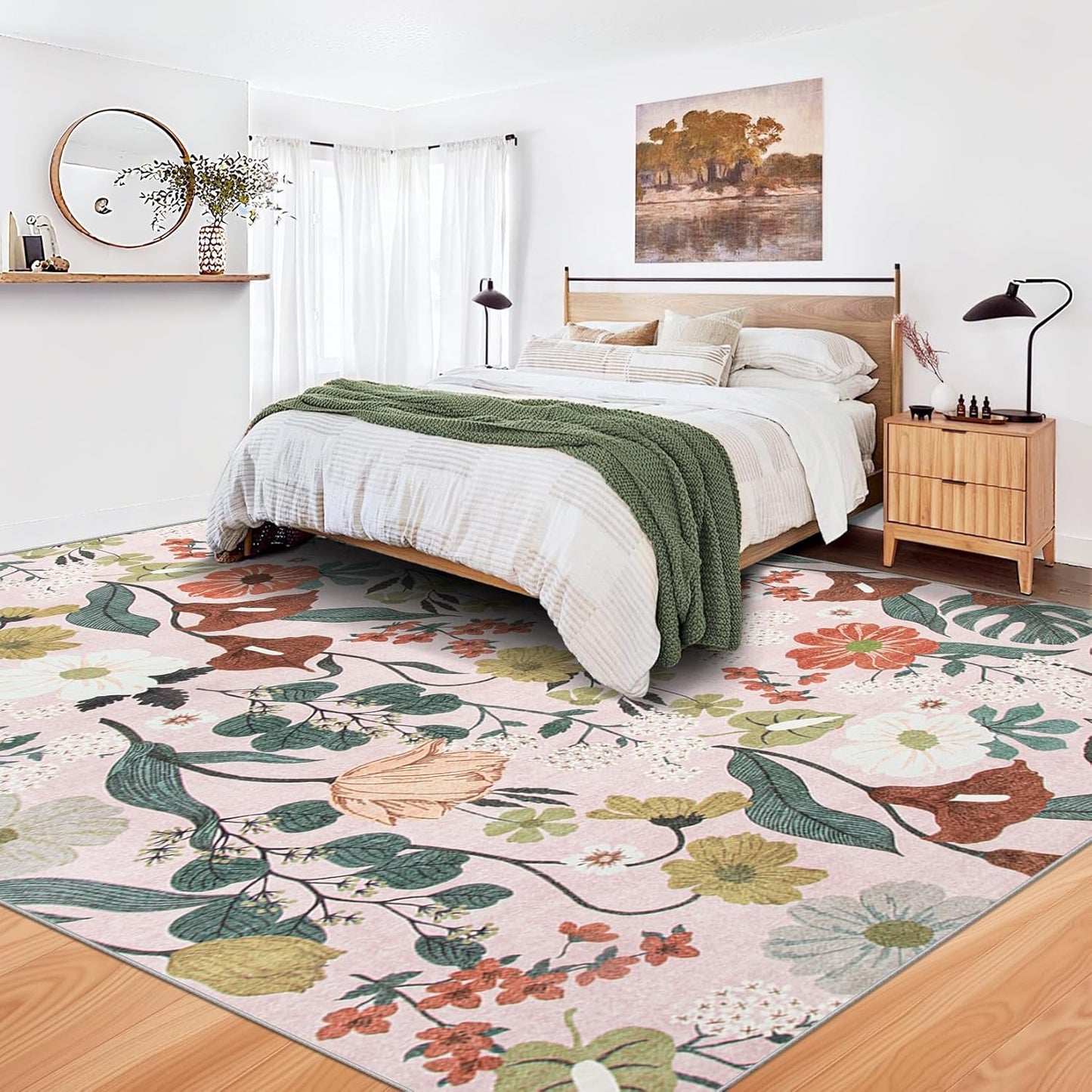 9x12 Area Rug for Living Room: Vintage Floral Washable Rug Soft Boho Non Slip Carpet Large Indoor Floor Non Shedding Low Pile Thin Carpets for Bedroom Dining Room Farmhouse Nursery Home Light Pink