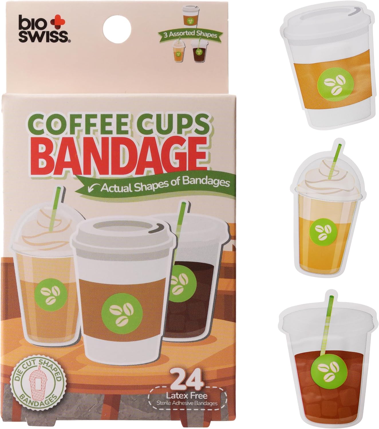BioSwiss Bandages, Coffee Cup Shaped Self Adhesive Bandage, Latex Free Sterile Wound Care, Fun First Aid Kit Supplies for Kids, 24 Count