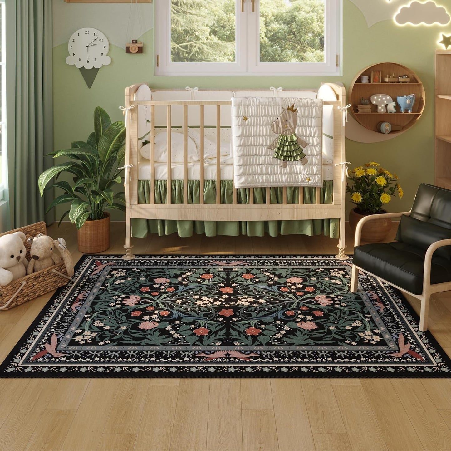 Bedroom Rug 3x5 Rug Washable Area Rug Non Slip Low Pile Vintage Floral Botanical Small Carpet for Bedroom, Bedside, Kitchen, Entryway, Kids Room, Office, Black