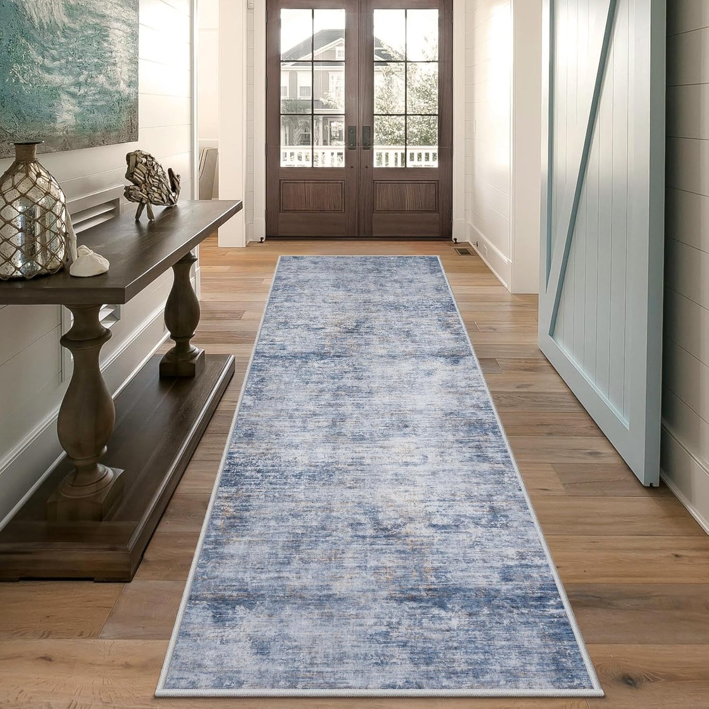 Runner Rug 2'6''x8' Kitchen Runner Rug: Modern Abstract Washable Area Rug with Non-Slip Backing, Thin Long Carpet Runner for Hallway, Bedroom, Laundry Room-Blue/Brown