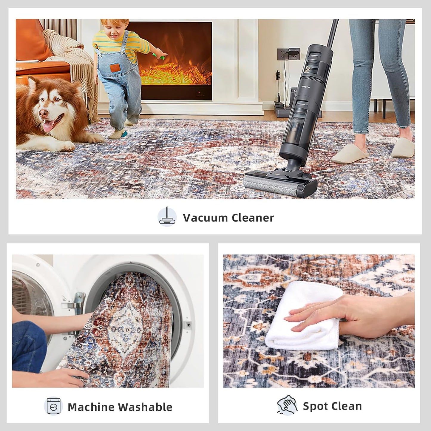 Deerly Rug 8x10 Area Rug Boho Washable Rug Large Rugs for Bedroom Living Room Vintage Non-Slip Oriental Distressed Carpet Indoor Stain Resistant(Border Brown/Navy Blue)