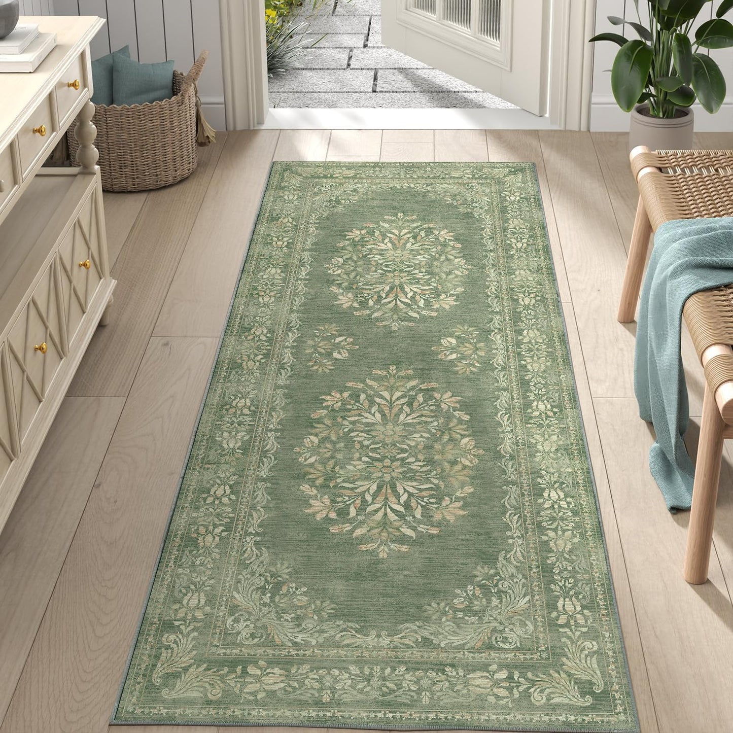 jinchan Vintage Floral Runner Rug 2x5 - Machine Washable Distressed Design Non-Slip Low-Pile Soft Thin Carpet for Hallway Kitchen Farmhouse Bedroom Entryway Laundry Room (2x5ft,Dark Green)