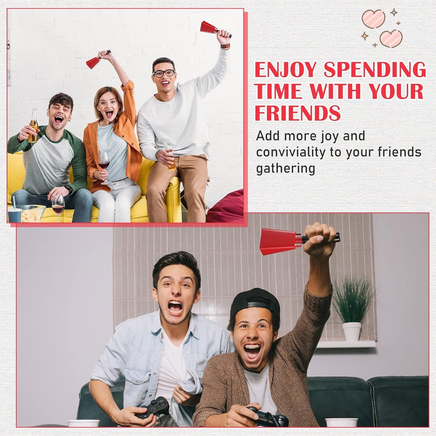 24 Pcs Cow Bell Cheering Bell Cow Bells Noise Makers for Sporting Events Football Cowbell with Handle Loud Musical Instrument for Sports School Classroom Alarm(red,9 '')