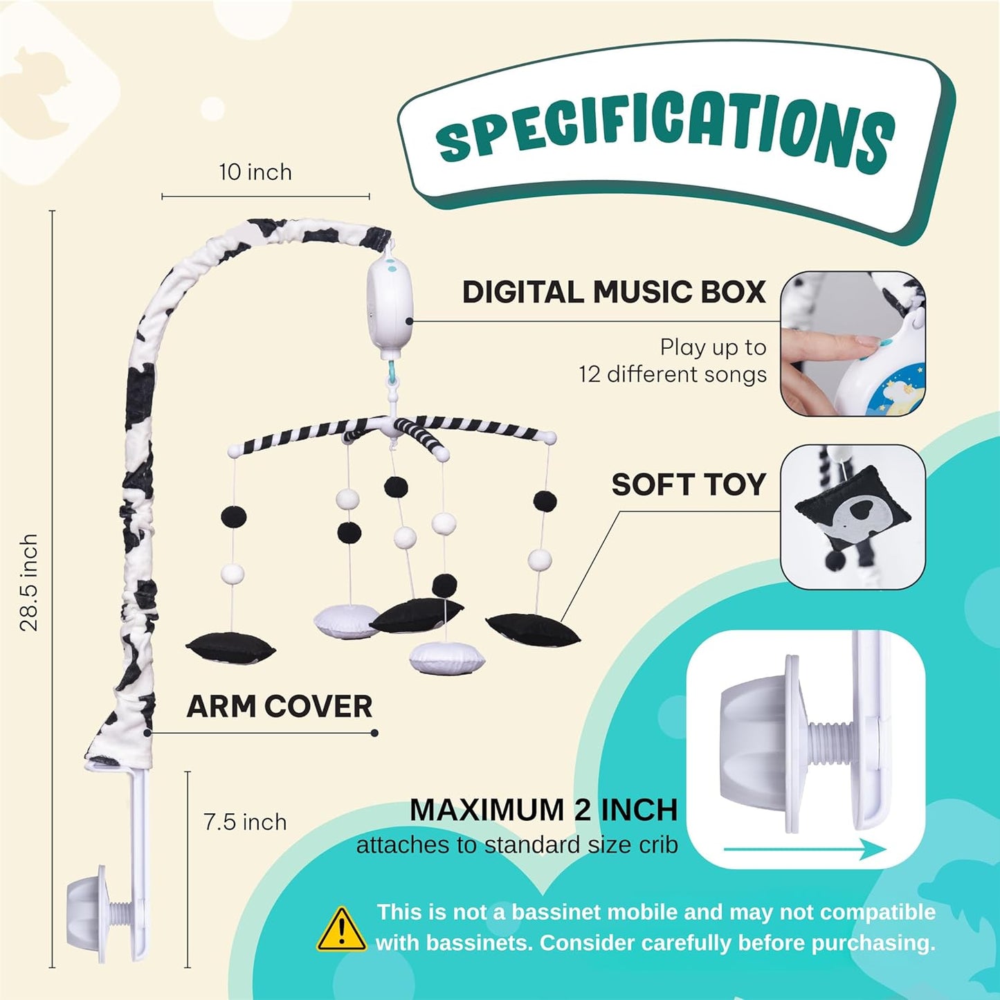 EVERLOVE Montessori Mobile Baby for Crib (TINITIGIES) - Digital Music Box with 12 lullabies & 3 Modes (Rotating only, Music only, or Both) - Black and White Baby Mobile for Boys & Girls