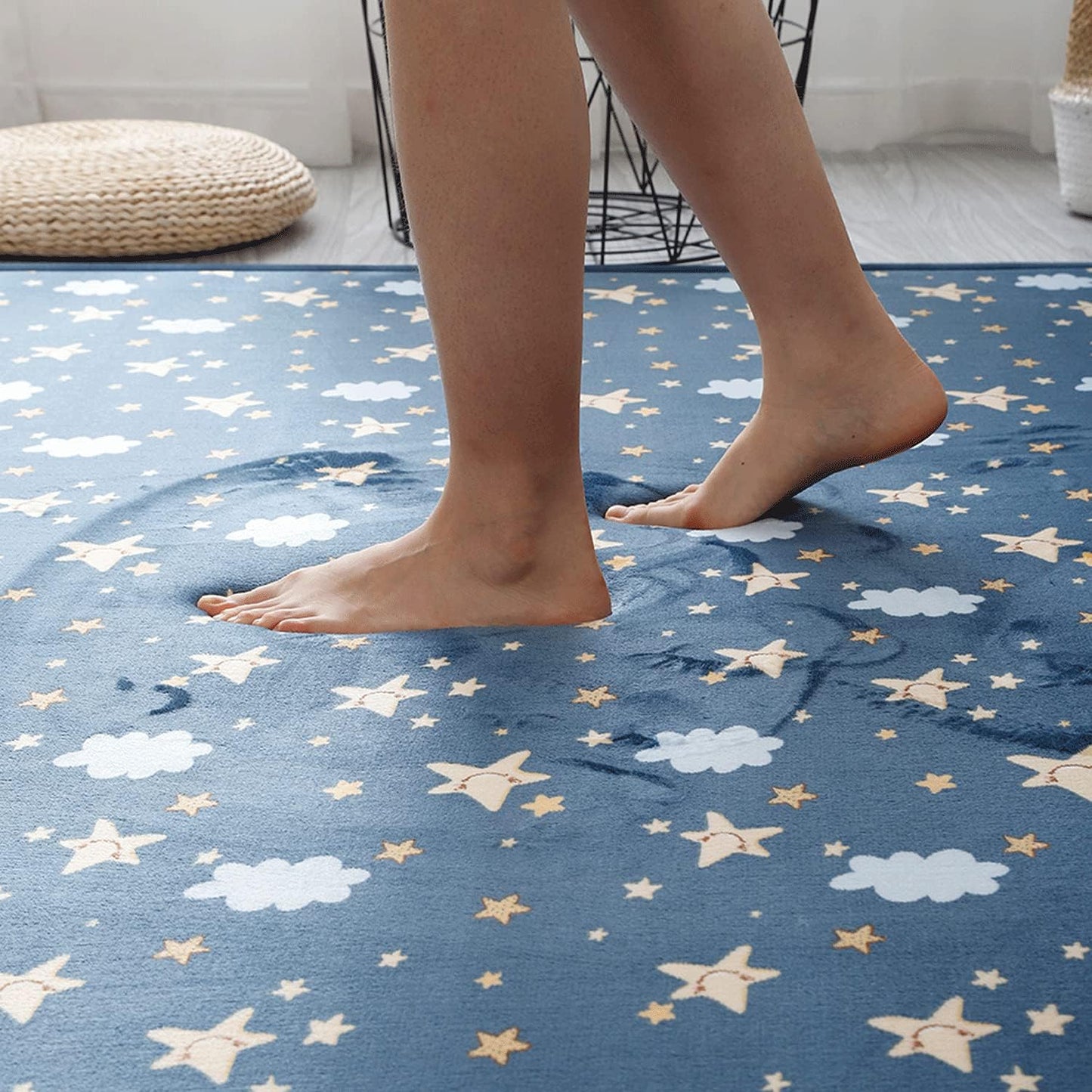 Loartee Coral Velvet Area Rug - 1" Thick Memory Foam Baby Play Mat, Washable Toddler Carpet, Home Decor for Living Room, Nursery, Kids Bedroom, Starry Blue, 6'7"x7'10"