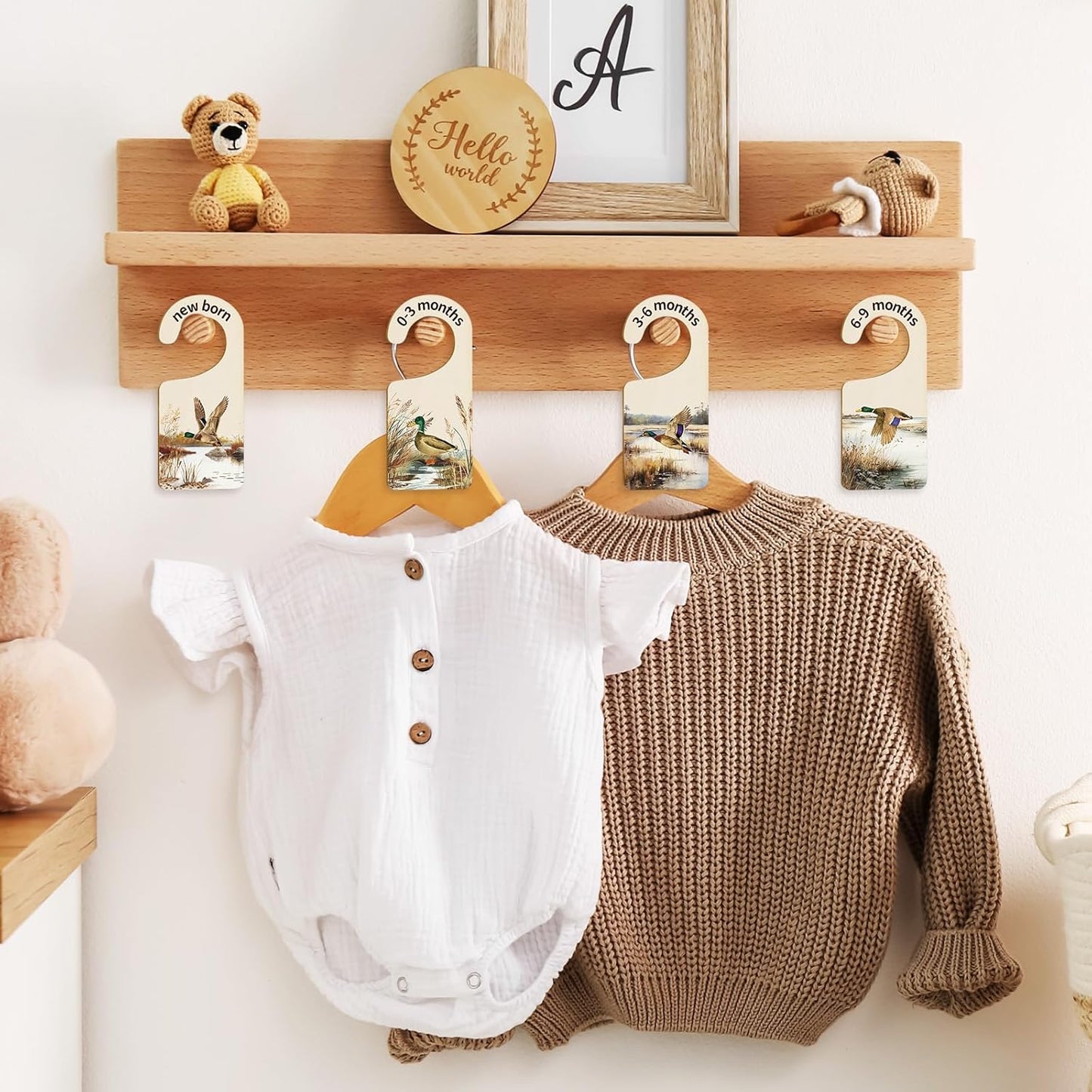 Whaline 8Pcs Baby Closet Size Dividers - Watercolor Mallard Duck Hanging Wood Organizer for Newborn to 24 Months - Thicken Wardrobe Organizer