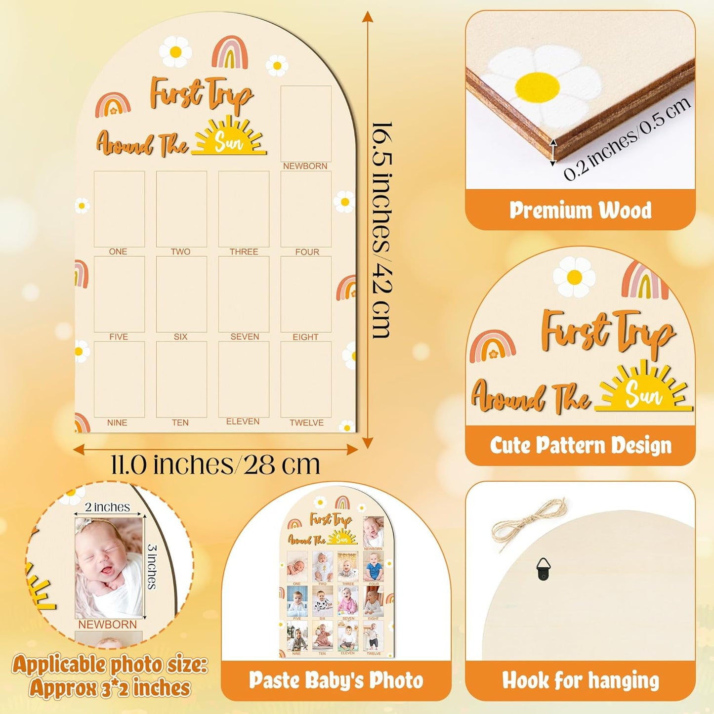 R HORSE My First Year Photo Frame Board, 3D Boho Sun Rainbow Display Wood Board, Baby’s 1st Year Picture Frame, 12 Months Milestone One Year Old Birthday Decoration, Baby Keepsake Gift for Boy Girl