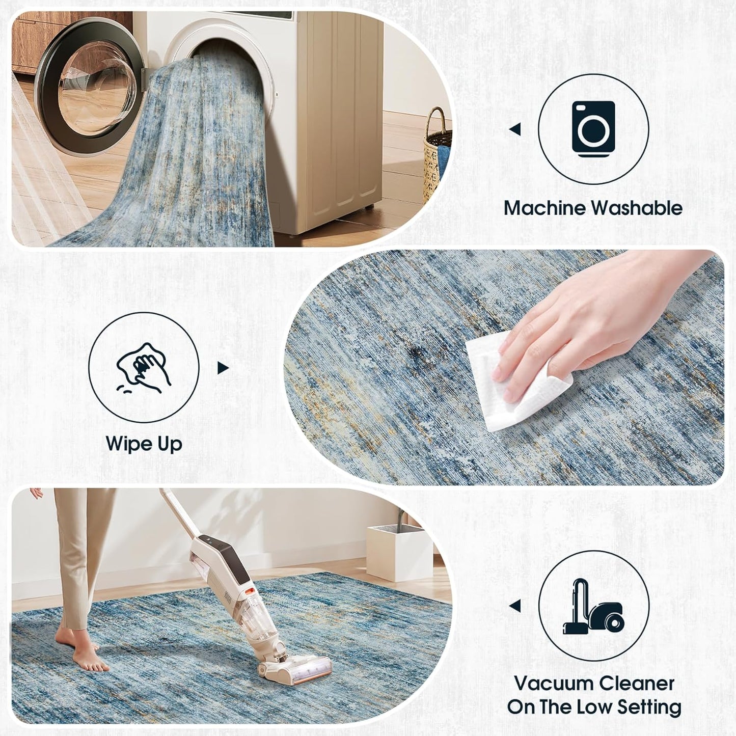 Area Rug 9x12 Washable Rugs: Abstract Large Living Room Rugs with Non-Slip Backing, Thin Carpet for Dining Room Table Bedroom Nursery Indoor Home Office-Blue Brown