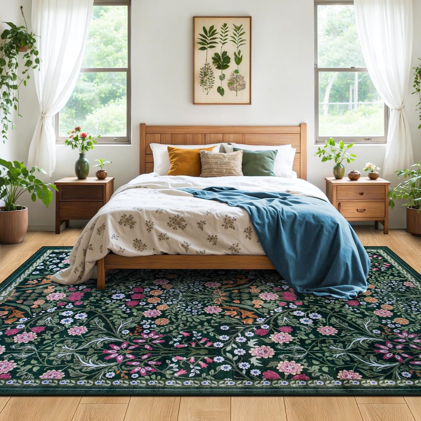 6x9 Area Rugs for Living Room: Floral Washable Rug Vintage Large Soft Boho Non-Slip Carpet Indoor Stain Resistant Thin Carpets for Bedroom Dining Room Farmhouse Nursery Hallway Home Office Dark Green