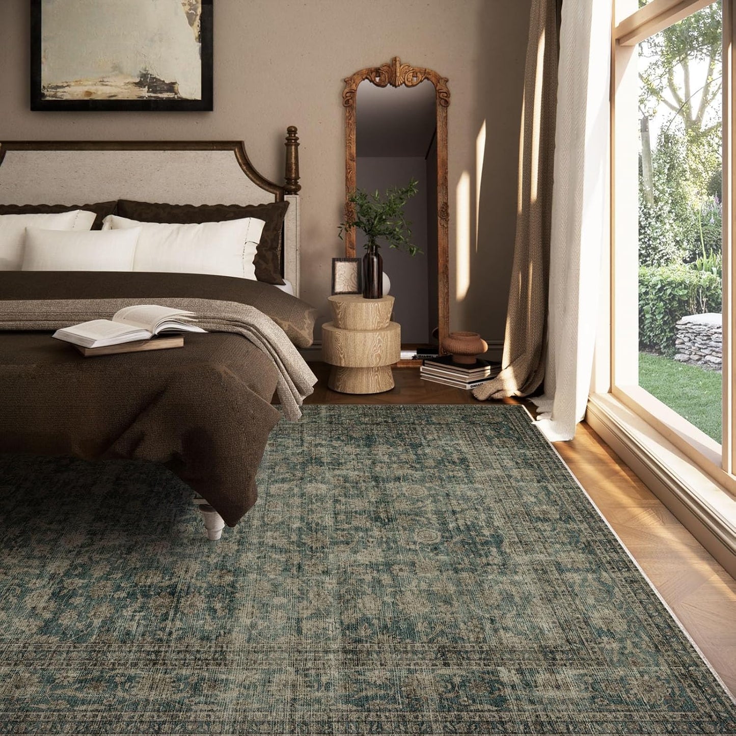 Washable Living Room Area Rug: 8x10 Rugs for Bedroom Vintage Stain Resistant Non Slip Low Pile Lightweight Boho Carpet for Kitchen Dining Room Farmhouse Kids Room Nursery