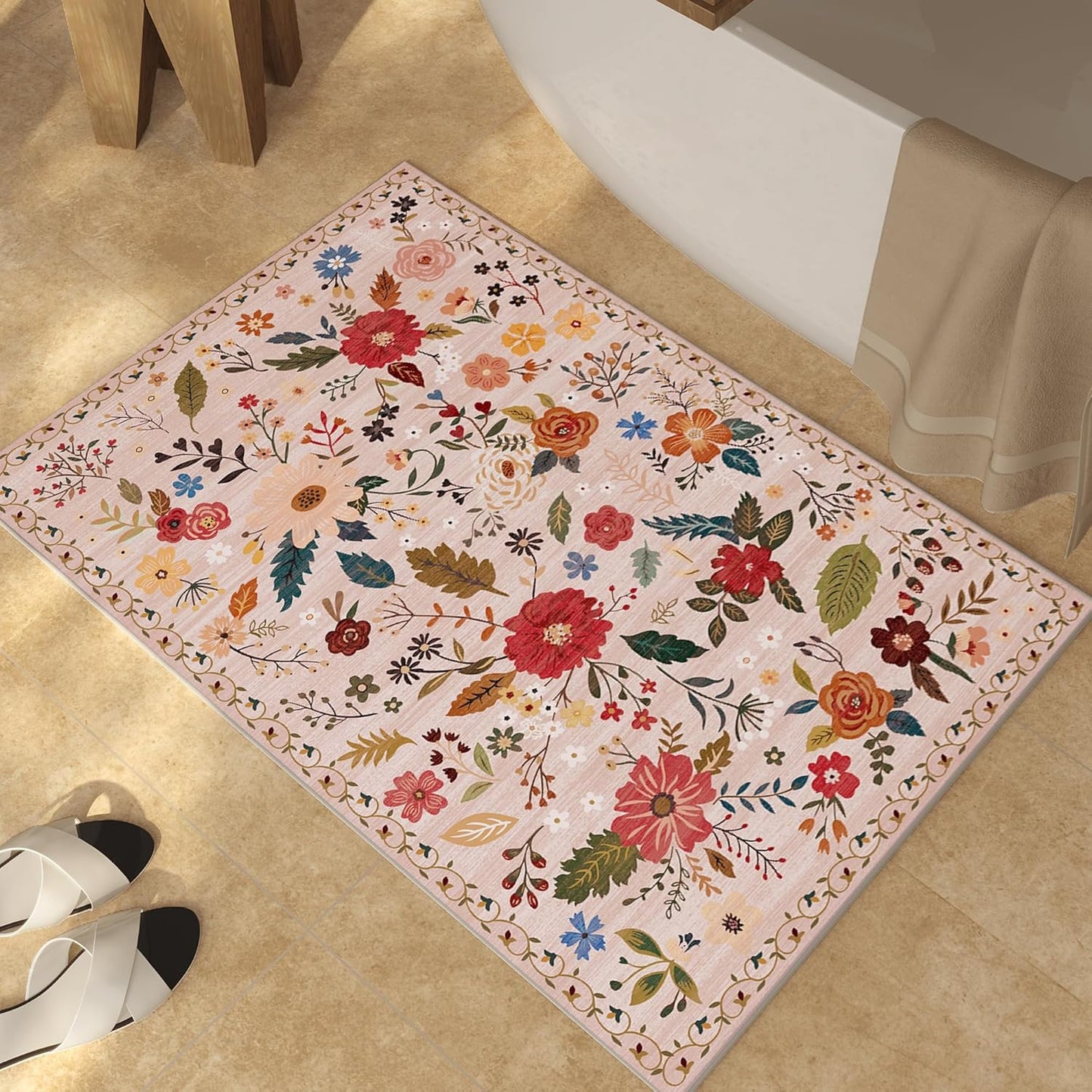 2x3 Washable Rug for Entryway, Floral Soft Small Area Rug, Non Slip Doormat Indoor Entrance Carpet, Flower Low Pile Front Door Throw Rug for Bedroom, Kitchen, Laundry, Bathroom, Pink/Beige