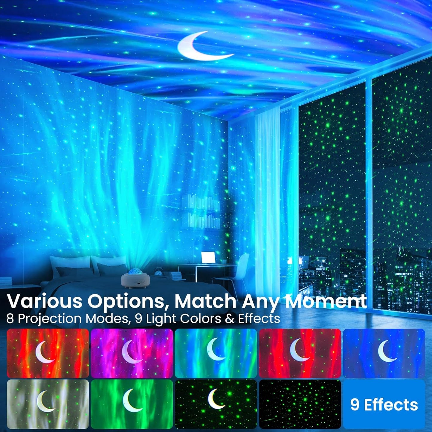 Star Projector with Bluetooth Speaker, 1800mAh Battery Operated Night Light Galaxy Projector, Northern Lights Aurora Projector with Moon, Mood Ambient Lighting for Bedroom Kids Girls Adults