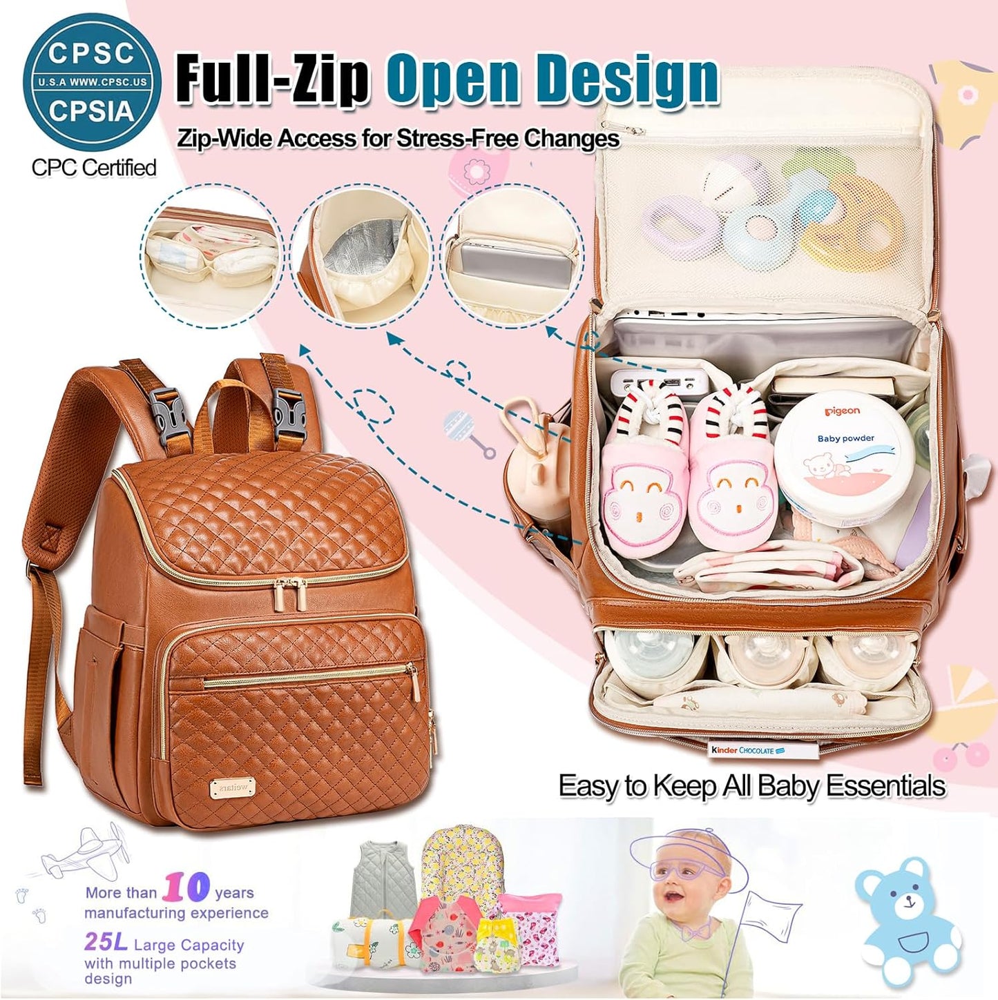 Weitars Diaper Bag Backpack Leather Baby Diaper Bag with Changing Pad Travel Diaper Backpack,Baby Bag for Mom,Stroller Straps,5 Insulated Pockets (Brown Leather)