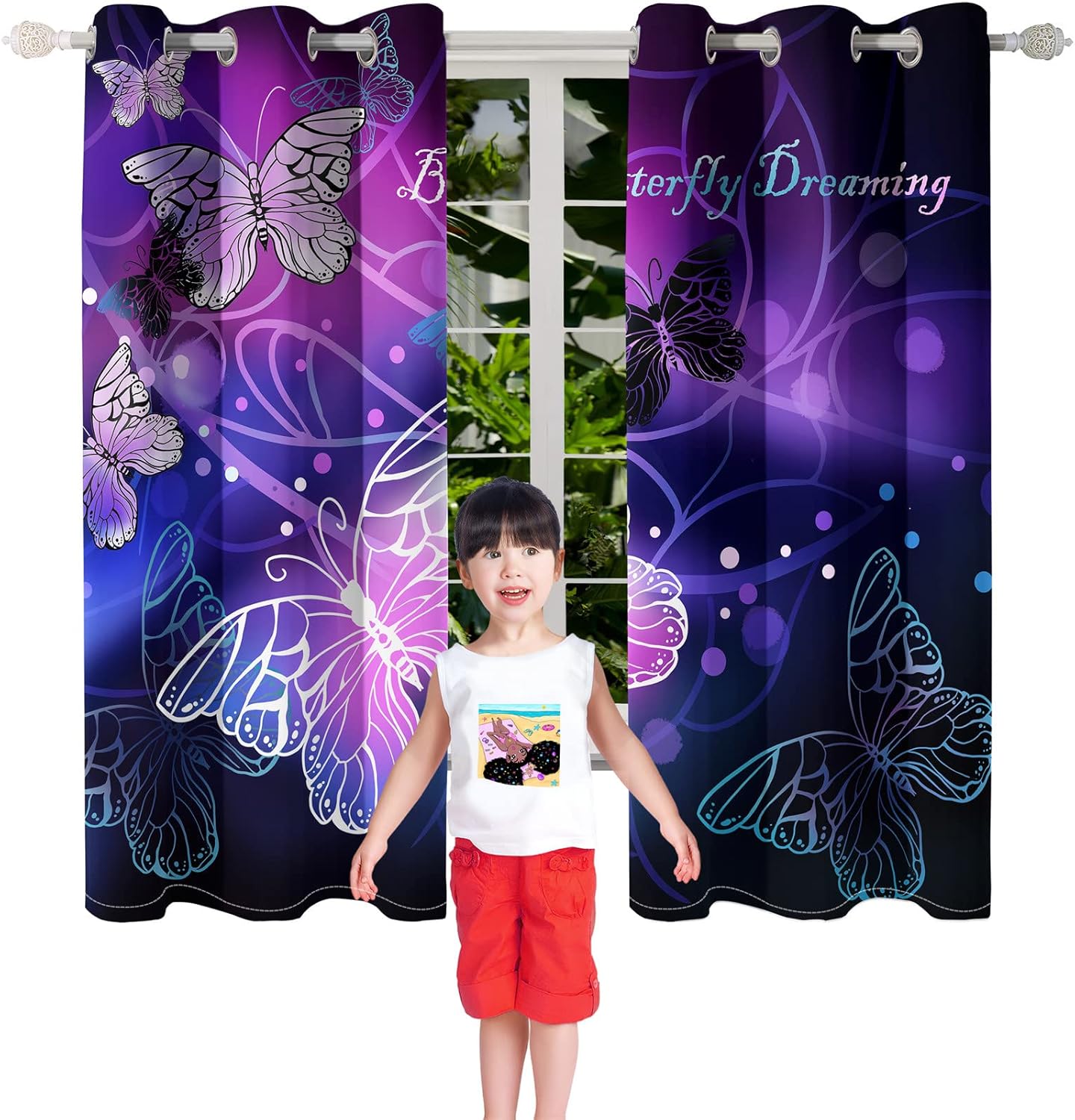 Butterfly Blackout Curtain for Girls Bedroom 2Pcs, Purple Window Curtain Panels Drapes Set Curtains 63 inch Length for Kids Bedroom Nursery Room Grommet Top Thermal Insulated Curtains, 82" x 63"