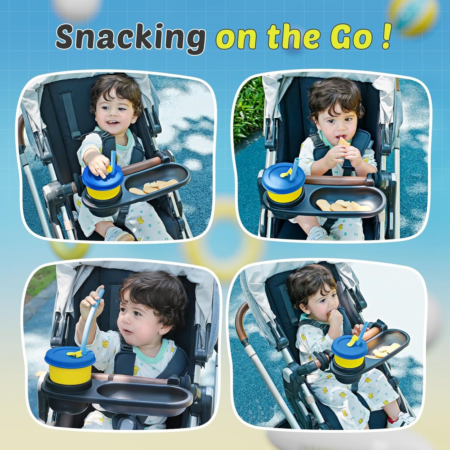 Universal Snack Tray for Stroller, Cup Holder Tray with Flexible Silicone Arm Gripper, Stays in Place Tray Attachment for Toddler & Kids, Snacking On The Go, Stroller Travel Accessories, Universal Fit