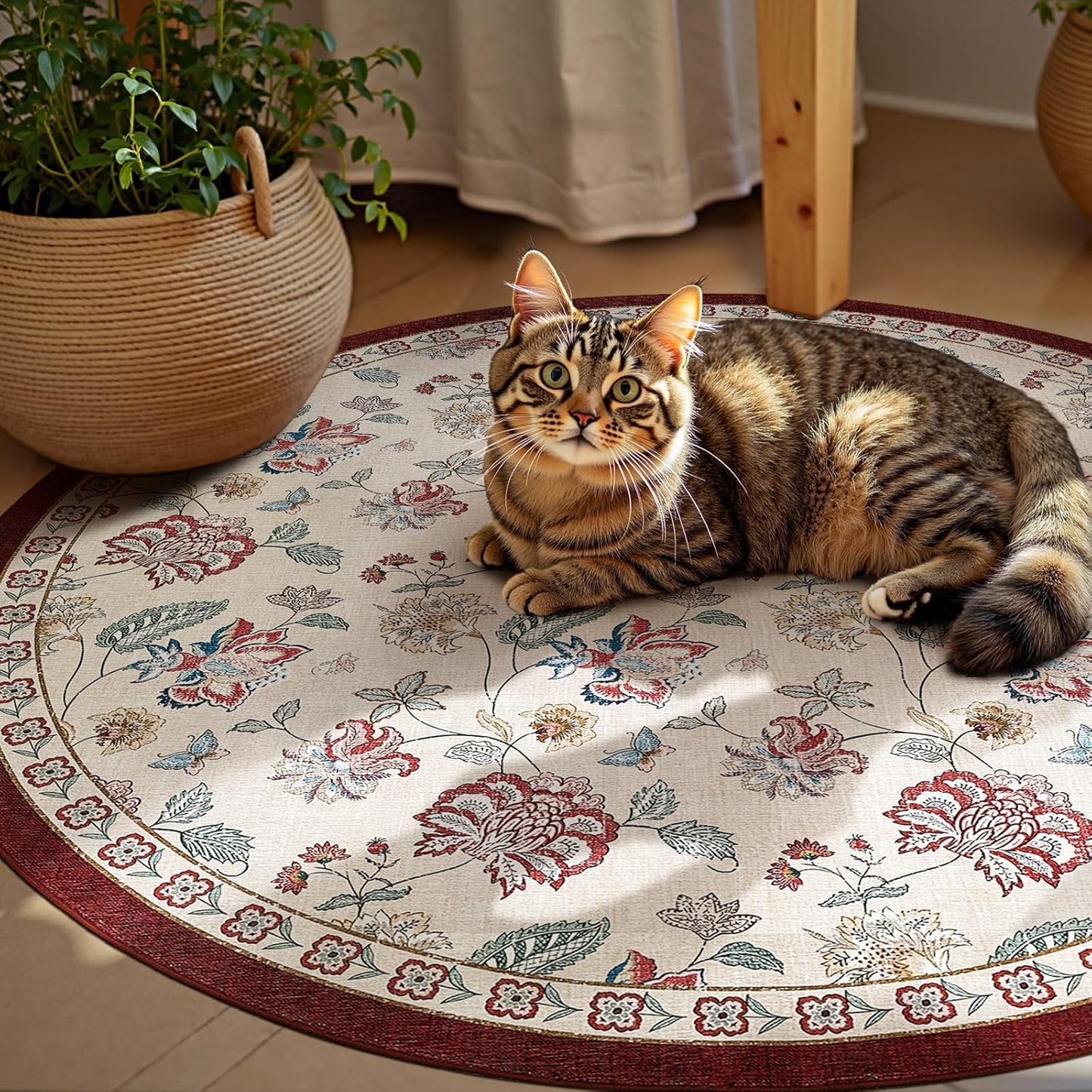 jinchan 6ft Floral Round Rug for Dining Room Washable Living Room Rug Vintage Romance Design Non Slip Indoor Floor Cover Lightweight Low-Profile Throw Carpet for Bedroom Porch Patio, Red/Beige