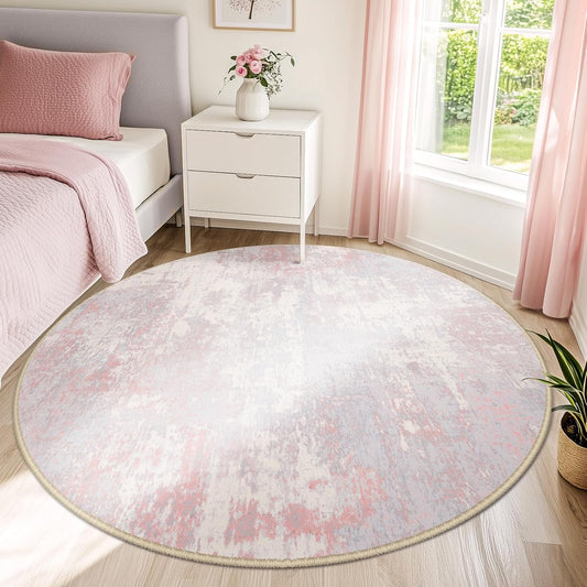 Washable Area Rugs 6ft Non-Slip Modern Abstract Soft for Living Room Entryway Bedroom Nursery, Print Pattern, Grey Pink