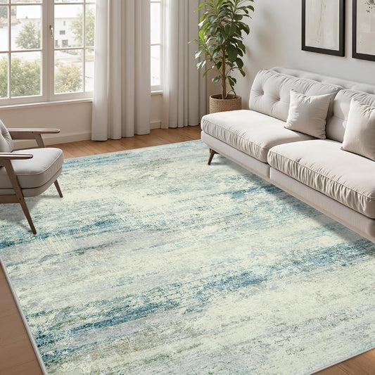 5x7 Area Rugs for Lliving Room Bedroom, Abstract Washable Rugs with Non-Slip Backing, Stain Resistant Thin Carpet for Dorm Dining Room Table Nursery Indoor Home Office-Blue/Gray