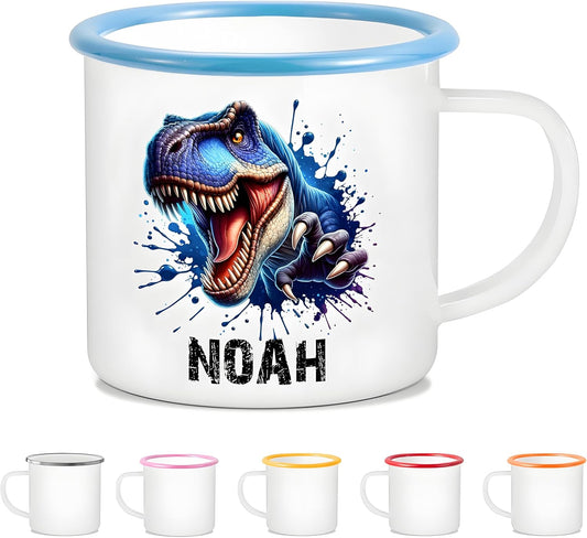 Personalized 12 oz Enamel Mug with Name - Custom Camping Coffee Mugs for Home, Work, Travel, Camping - Birthday Christmas Gift for Family Friend (Splash-Ink Dinosaur)