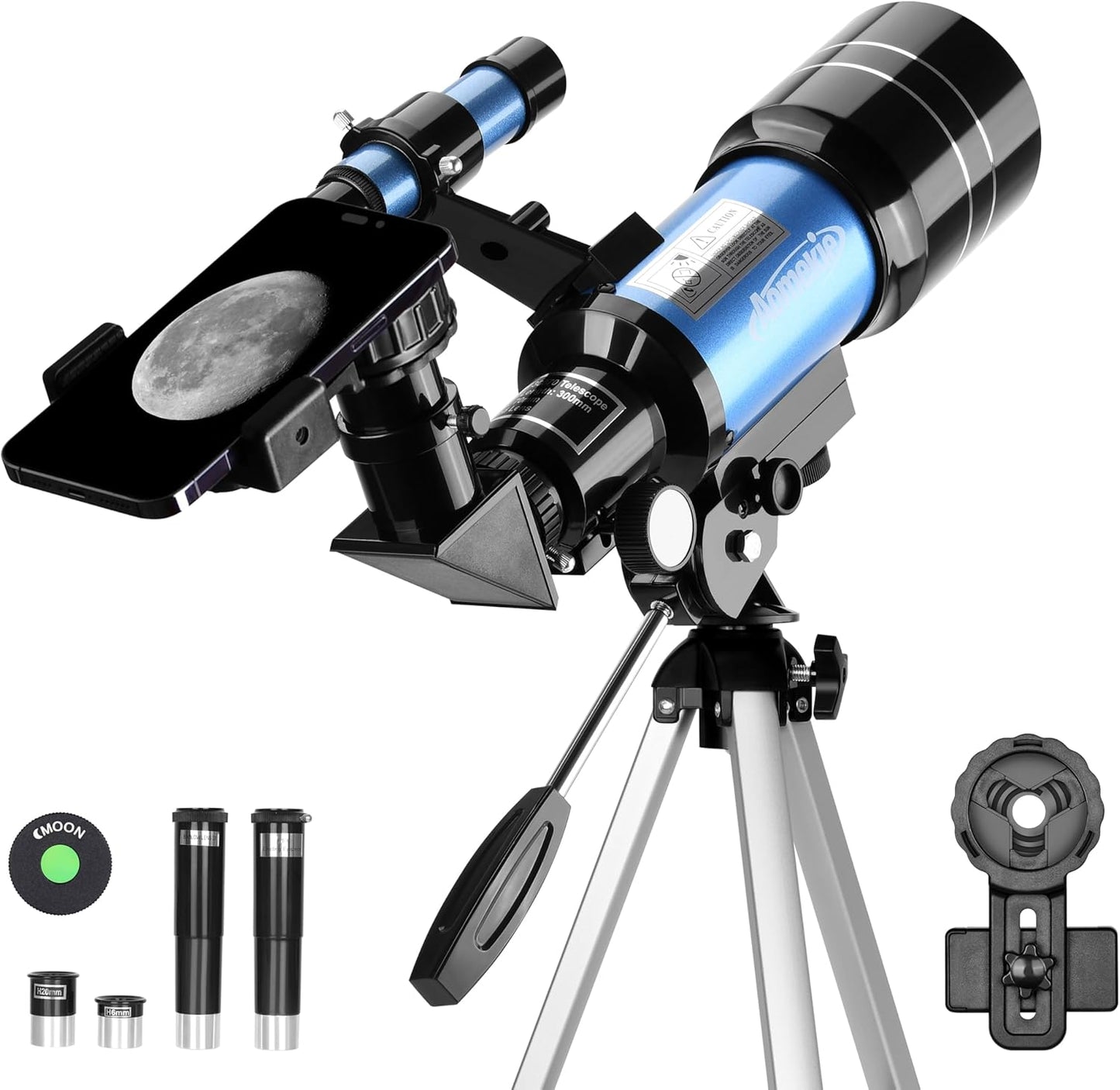 AOMEKIE Telescopes,70mm Aperture 300mm Table Tripod, Astronomical for Beginners,2 Eyepieces 150X with Smartphone Adapter Moon Filter 3X Barlow