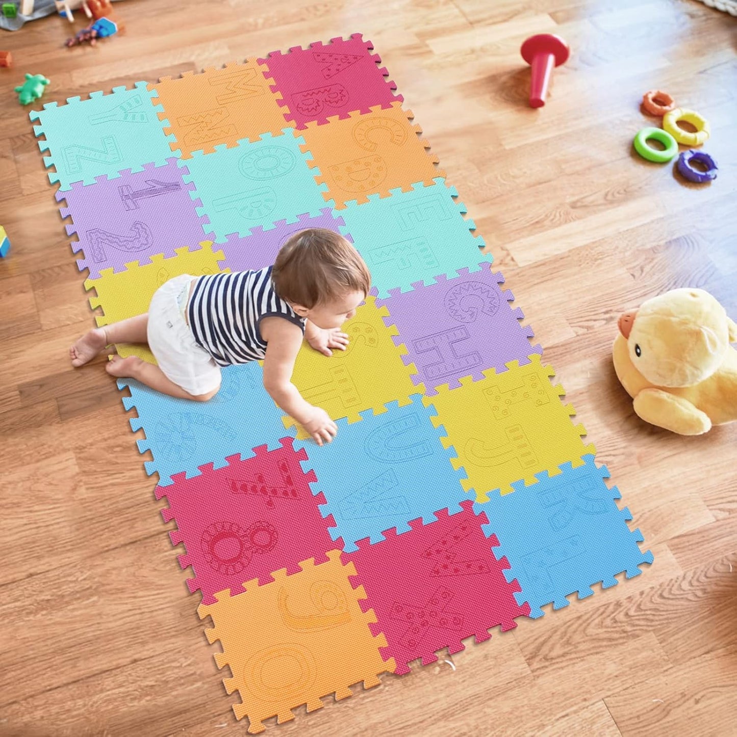 qqpp EVA 18 Tiles Baby Play Mat for Playing, Interlocking Foam Floor Mats for Tummy Time & Crawling, Puzzle Flooring Tiles with Alphabet & Numbers Laser Pattern for Kids. QL-99(BEGHIK) b18N