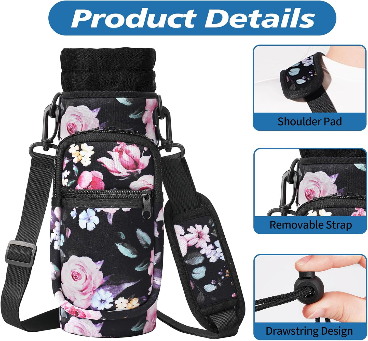 32 40 oz Water Bottle Carrier with Strap, Neoprene Water Bottle Sleeve Bag with 2 Pockets Insulated Flask Sling Holder for Walking Hiking Gym