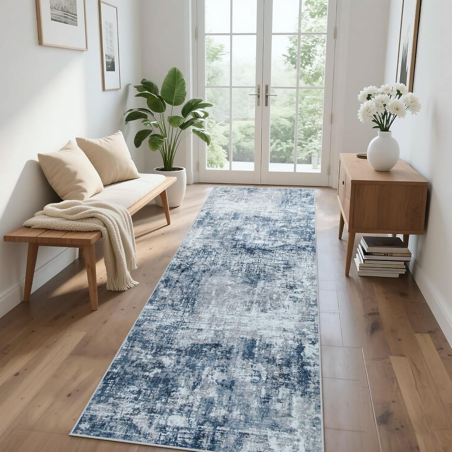 Runner Rug for Hallways Kitchen 2'6"x8' Washable, Non Slip Carpet 8ft Area Rugs Entryway Rubber Backed 8 Feet Neutral Abstract Modern Low Pile Indoor Blue Grey