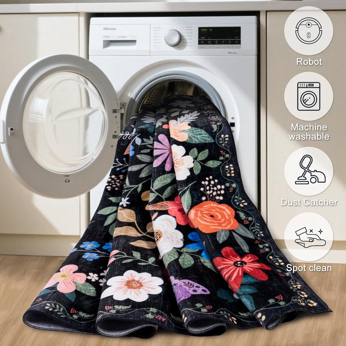 10x14 Area Rugs for Living Room: Floral Washable Rug Vintage Large Soft Boho Non-Slip Carpet Stain Resistant Low Pile Carpets for Bedroom Dining Room Farmhouse Nursery Hallway Home Office Black