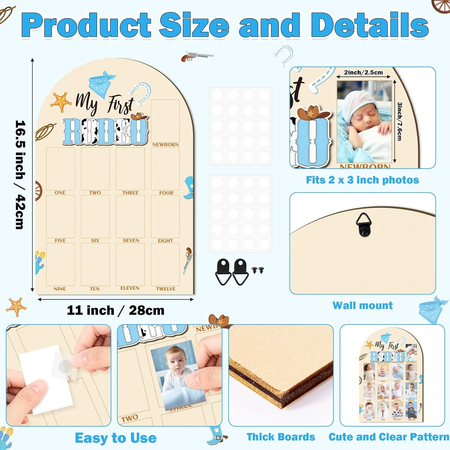 R HORSE 3D My First Rodeo Birthday Wood Photo Display Board, Blue Cowboy Baby's First Year Picture Frame, 1-12 Months Milestone Board Birthday Decorations Keepsake Gift for Baby Boys Nursery Decor