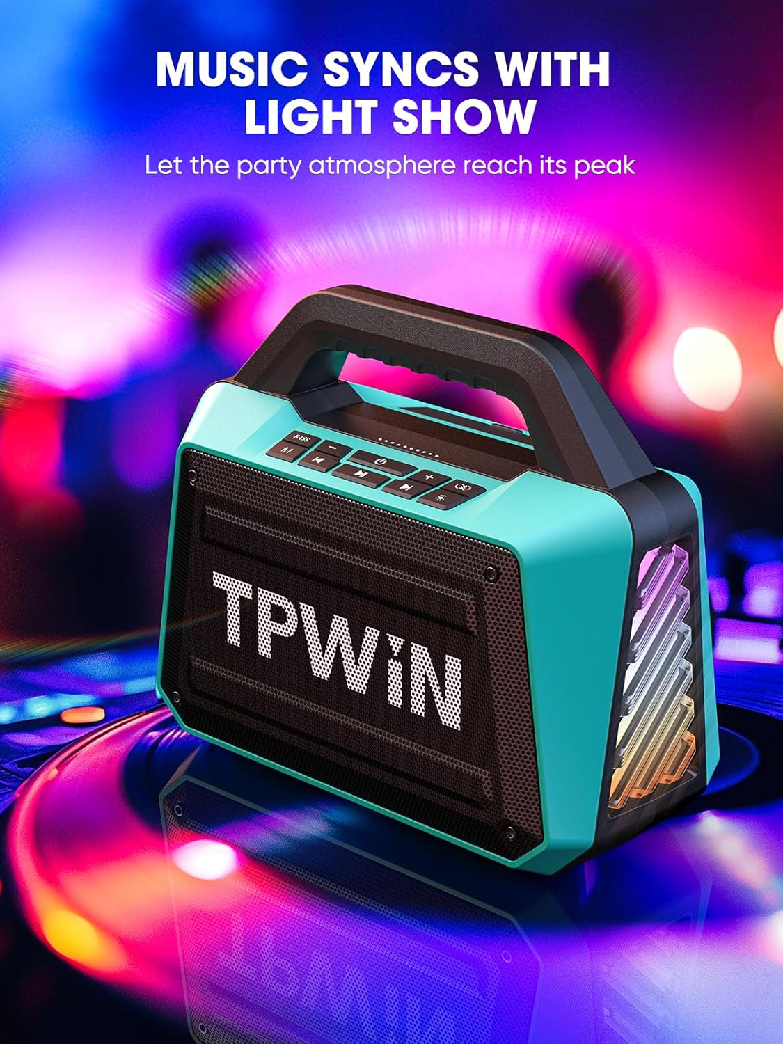 Speakers Bluetooth Wireless - Portable Speaker 80W Peak, IPX6 Waterproof, Loud Speaker with Light Show, Strong Bass, BT 5.3, TWS, 20H Playtime for Home Outdoor Beach Camping - Teal
