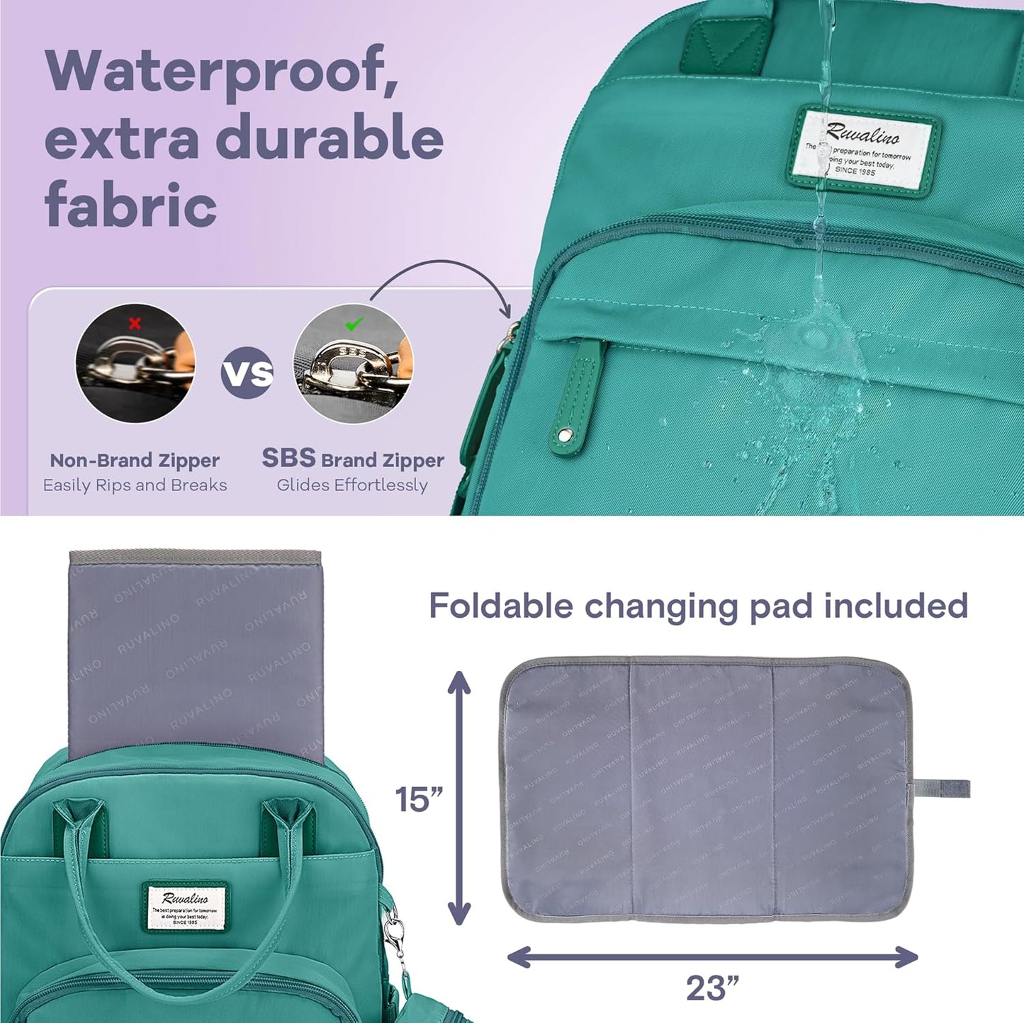 RUVALINO Diaper Bag Backpack-Multifunction Baby Travel Bag with Changing Pad, Insulated Bottle Holders & Pacifier Case, Large Capacity, Waterproof, Turquoise