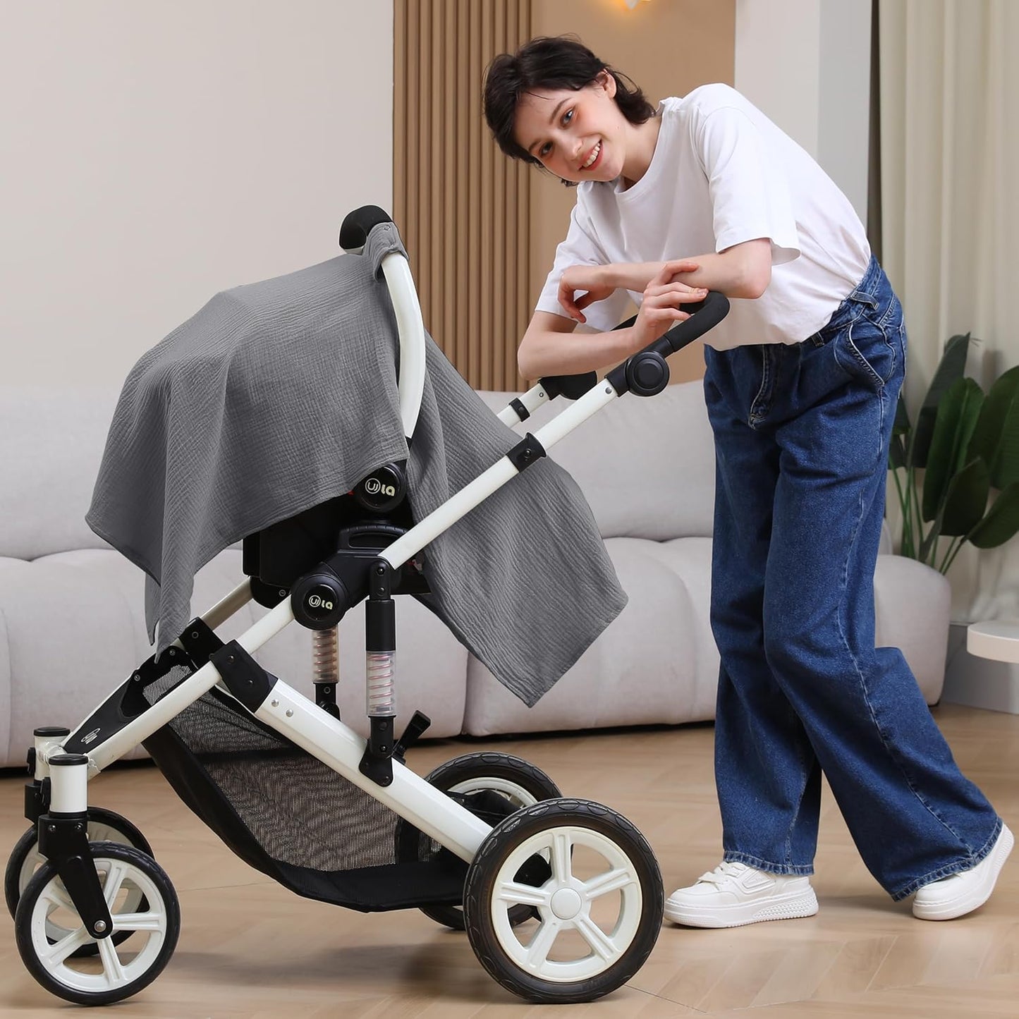 100% Muslin Cotton Car Seat Cover Baby, Carseat Canopy Cover, Universal Fit Stroller Covers for Boys and Girls (Grey)