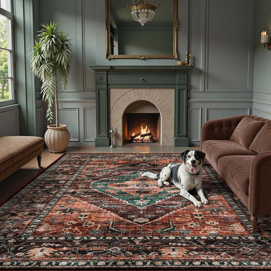 Lahome 8x10 Ultra-Thin Living Room Rug （Non-Slip Washable Non-Shedding）（Oriental Vintage Distressed Carpet for Dining，Bedroom，Office）