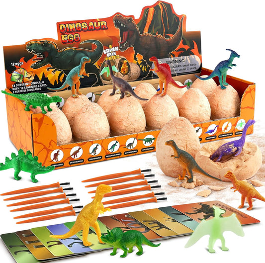 Dino Eggs Excavation Dig Kit-12 Unique Dinosaur Eggs with Educational Learning Cards -Easter Eggs STEM Science Activities - Educational Toy Gift for Kids Boys Girls Age 3+