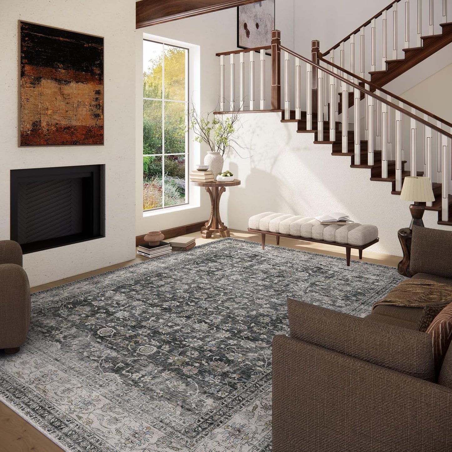 Machine Washable Rugs for Living Room: 5x7 Bedroom Rug Vintage Boho Area Rug Stain Resistant Non Slip Low Pile Lightweight Soft Carpets for Living Room Dining Room Kitchen Nursery Kids Room Farmhouse