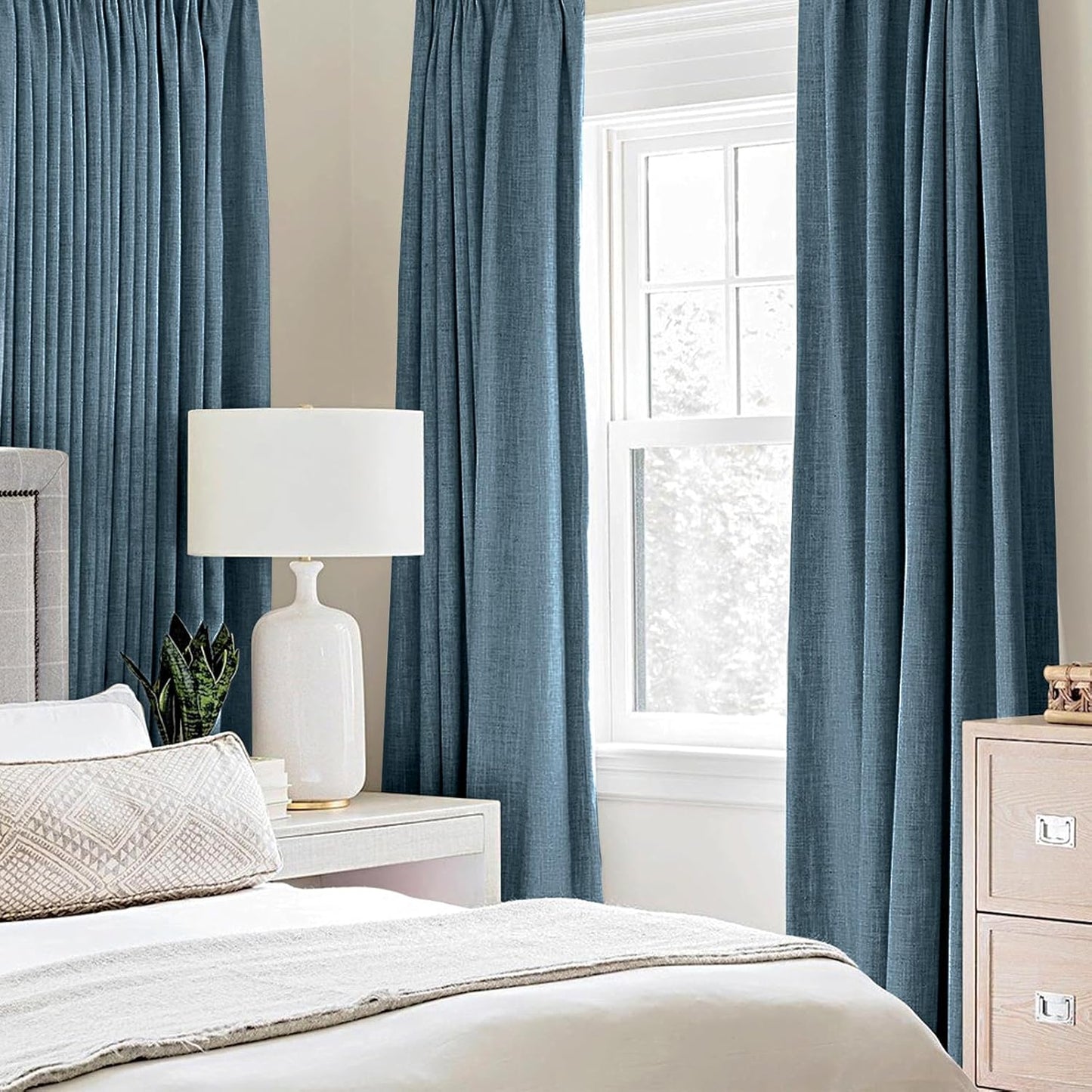 MIULEE Linen Texture Curtains for Bedroom Solid 100% Blackout Thermal Insulated Dusty Blue Curtains Grommet Room Darkening Drapes Luxury Decor for Living Room Nursery 52x63 Inch (2 Panels)