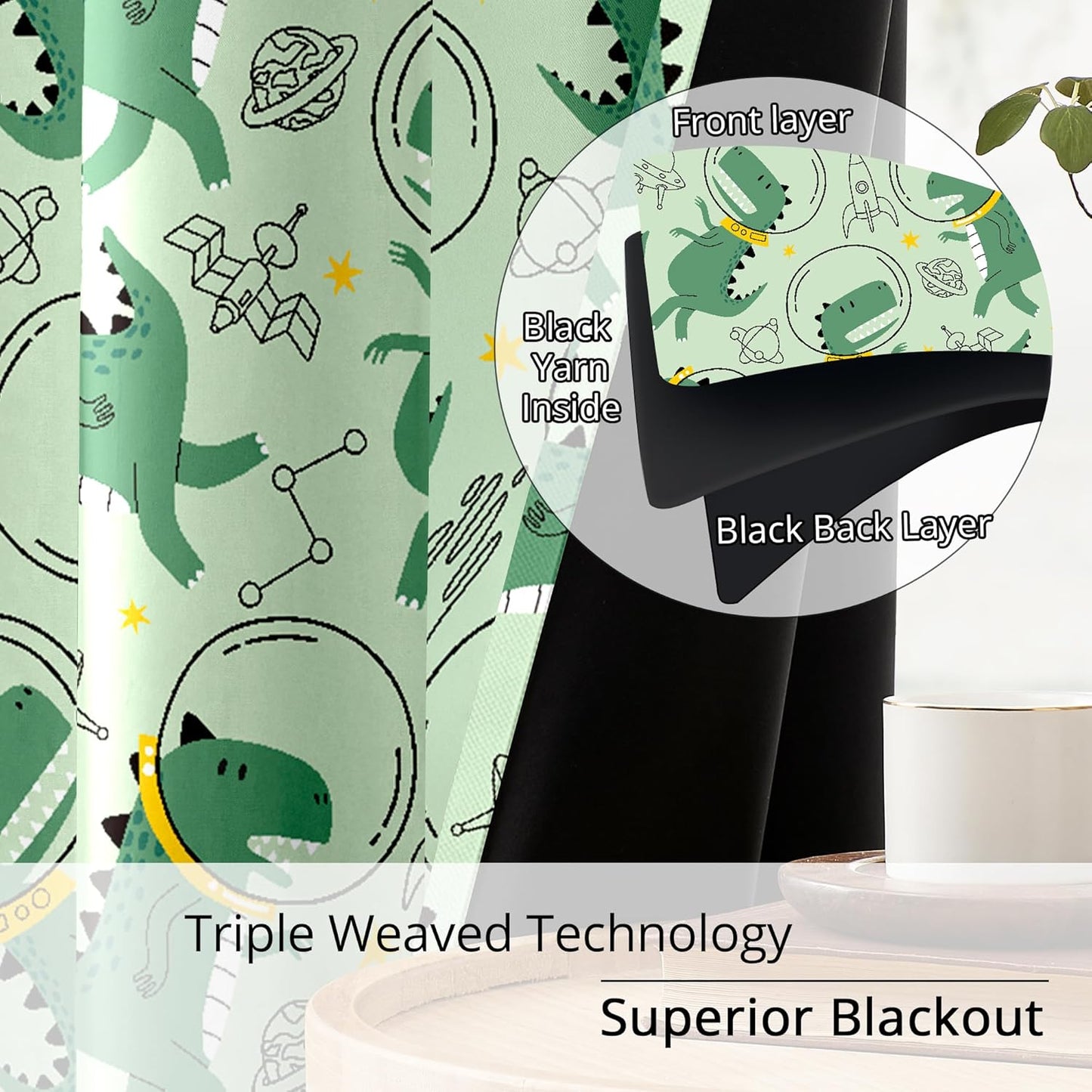 Kids Space Dino Blackout Curtains - 100% Blackout, Thermal Insulated, Noise Reducing, Perfect for Kids Room and Nursery, 2 Panels (Cosmo Dino Green, W52×L63)