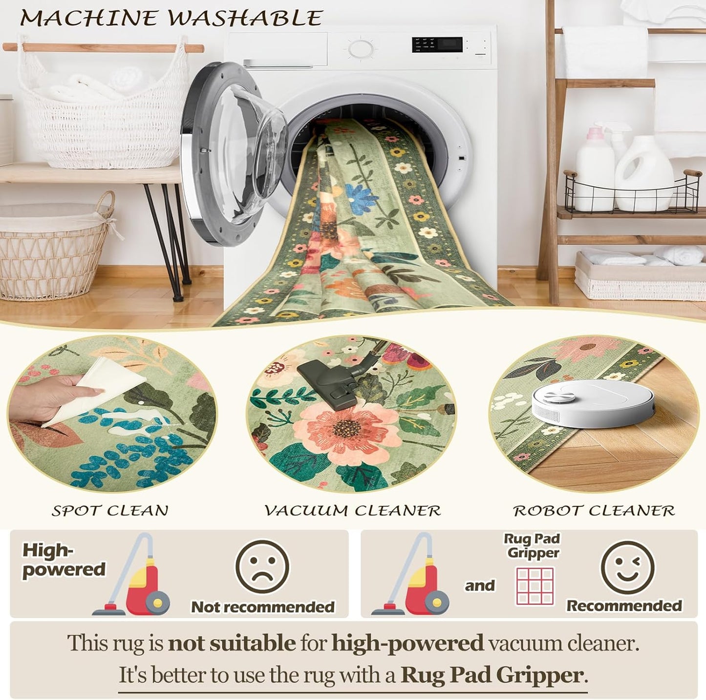 Floral 5x7 Area Rug Machine Washable Soft Print Boho Carpet Non Slip Doormat Low Pile Flower Area Rugs for Living Room Bedroom Nursery Kitchen Dining Room Indoor-Light Green