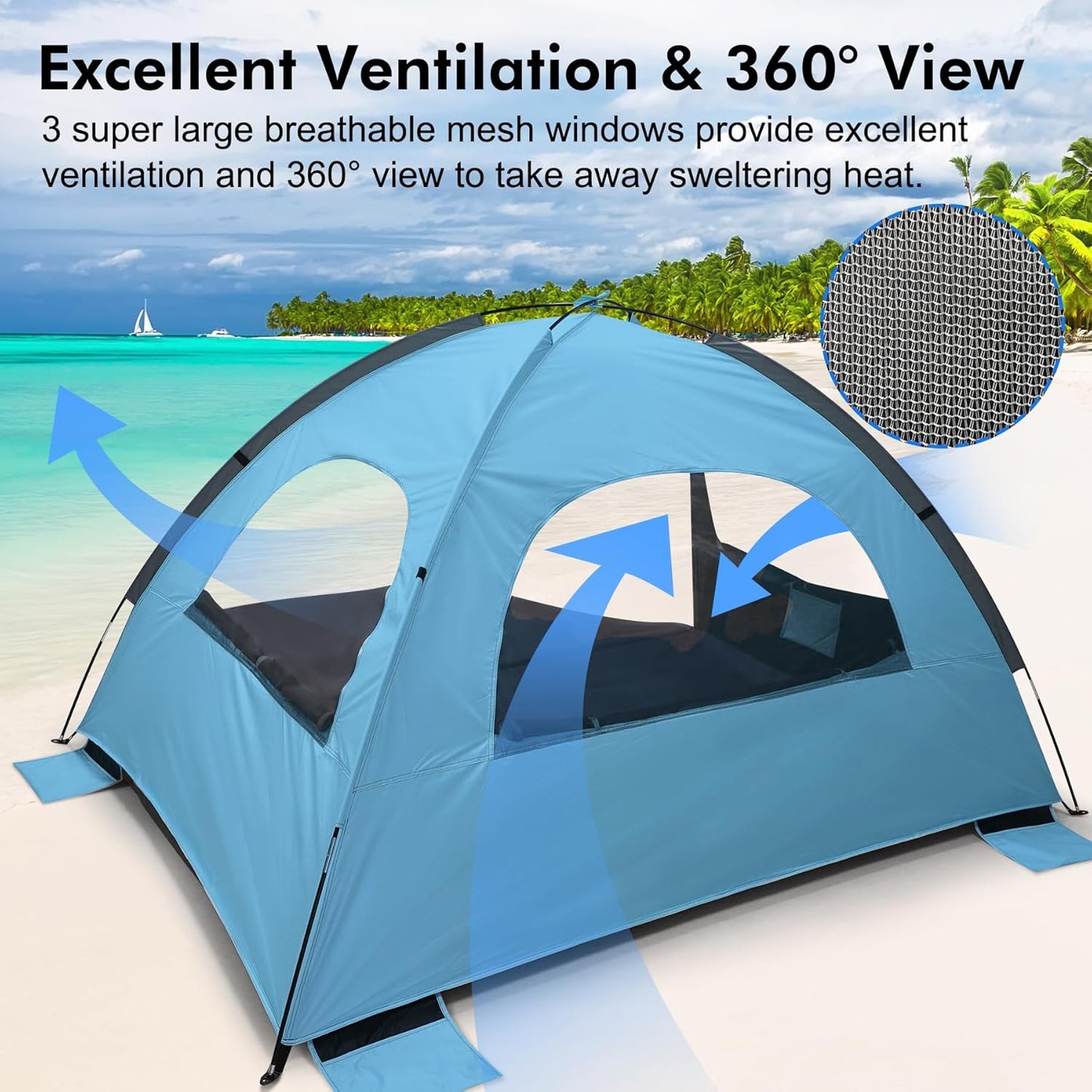 WhiteFang Beach Tent Anti-UV Portable Sun Shade Shelter for 3/4/6/8 Person, Extendable Floor with 3 Ventilating Mesh Windows Plus Carrying Bag, Stakes and Guy Lines