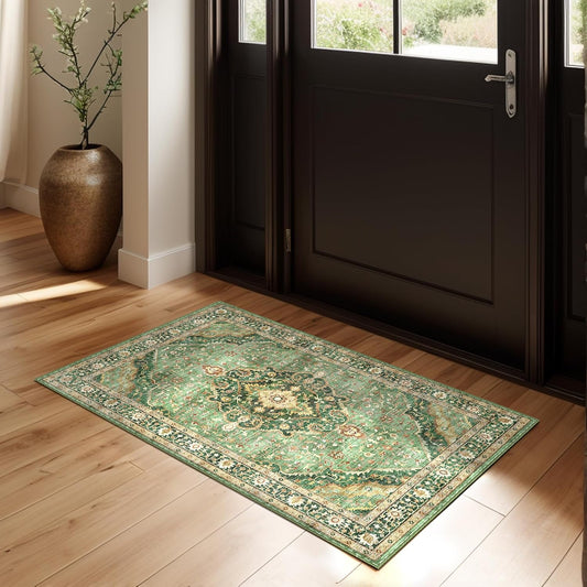 Green Area Rug Entryway Rugs for Bedroom Bathroom Kitchen - 2x3 Small Soft Rugs Low Pile Keep Off Rug Carpet Washable Rug Oriental Indoor Boho Area Rug Cute 2x3ft