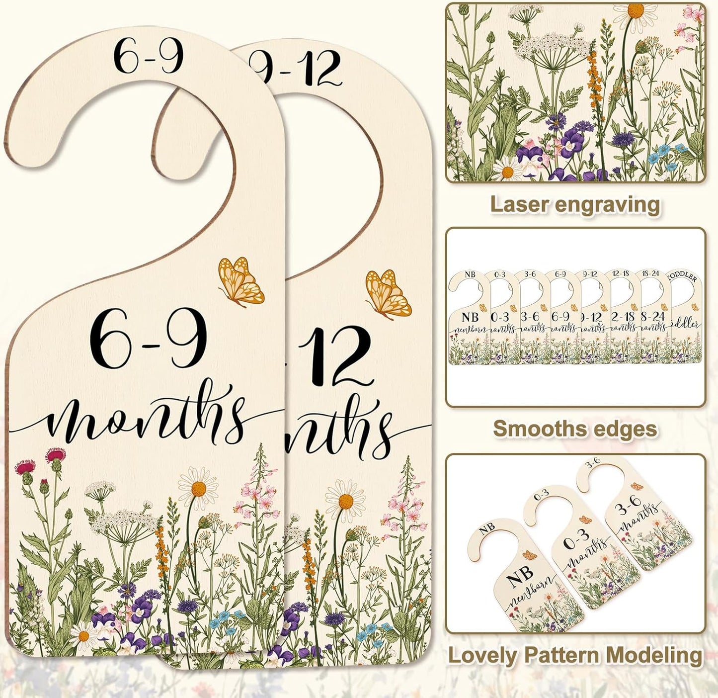 Whaline 8Pcs Wildflower Baby Closet Size Dividers Vintage Floral Leaves Hanging Wood Baby Closet Organizer Newborn to 24 Months Thicken Baby Wardrobe Organizer for Home Nursery