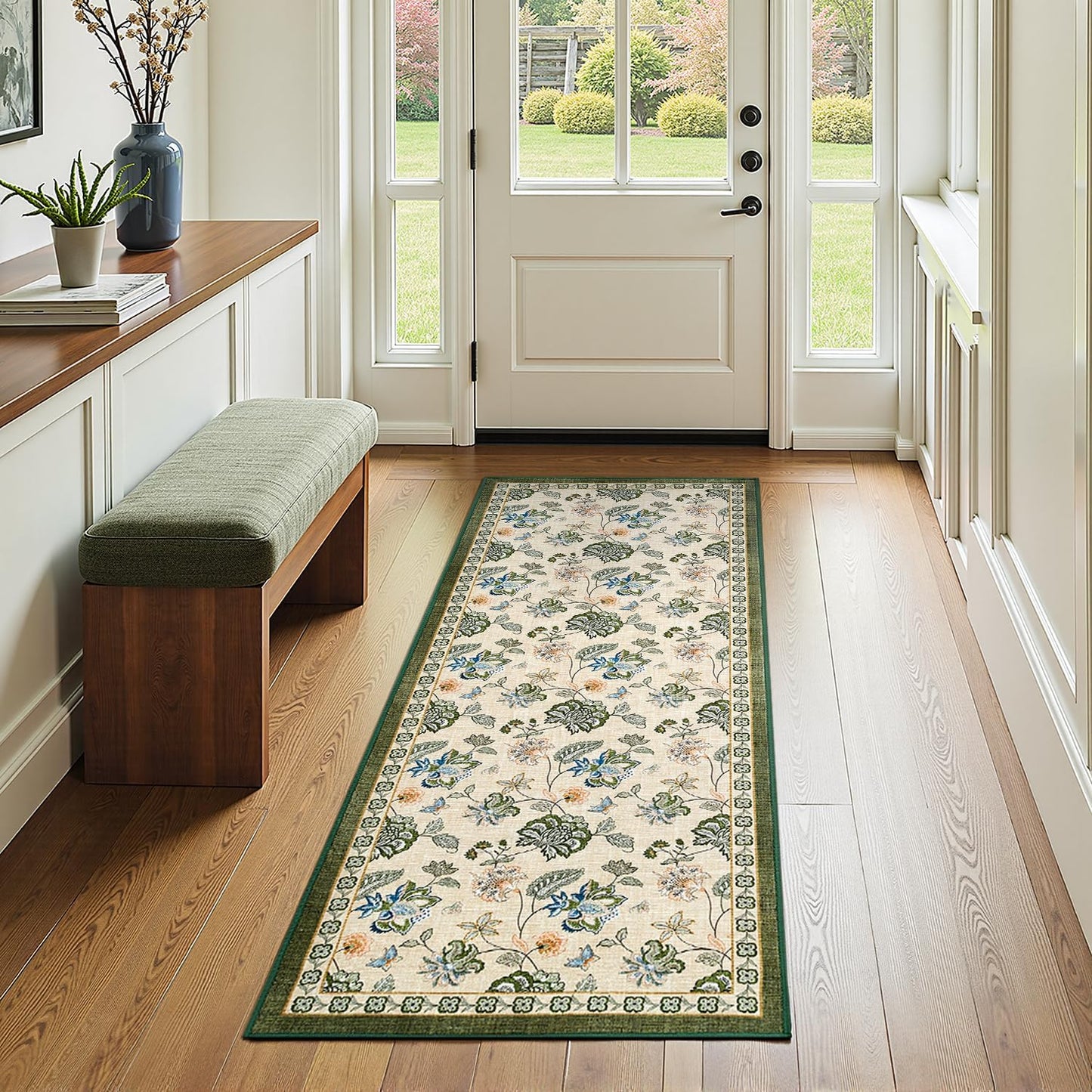 jinchan 2x5 Floral Runner Rug for Hallway Washable Kitchen Runner Vintage Romance Design Non Slip Thin Indoor Floor Cover Low-Profile Throw Carpet for Entryway Bathroom Bedroom Porch, Green/Beige