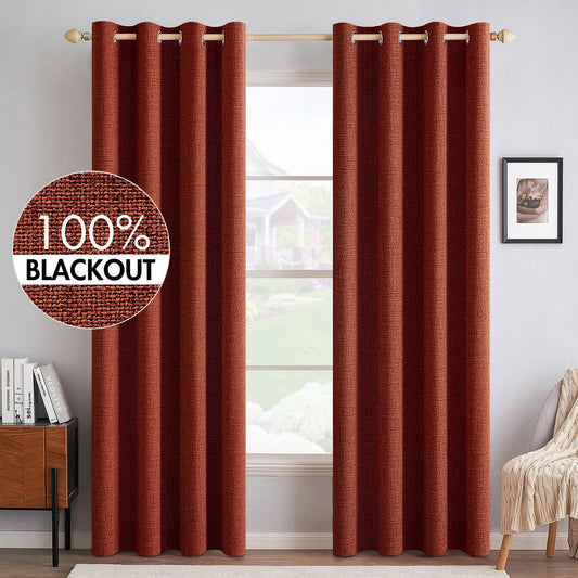 MIULEE 100% Blackout Linen Curtains for Bedroom Thermal Insulated Burnt Orange Grommet Room Darkening Curtains & Drapes Rust Terracotta Fall Decor for Living Room Nursery 52 x 96 Inch (2 Panels)