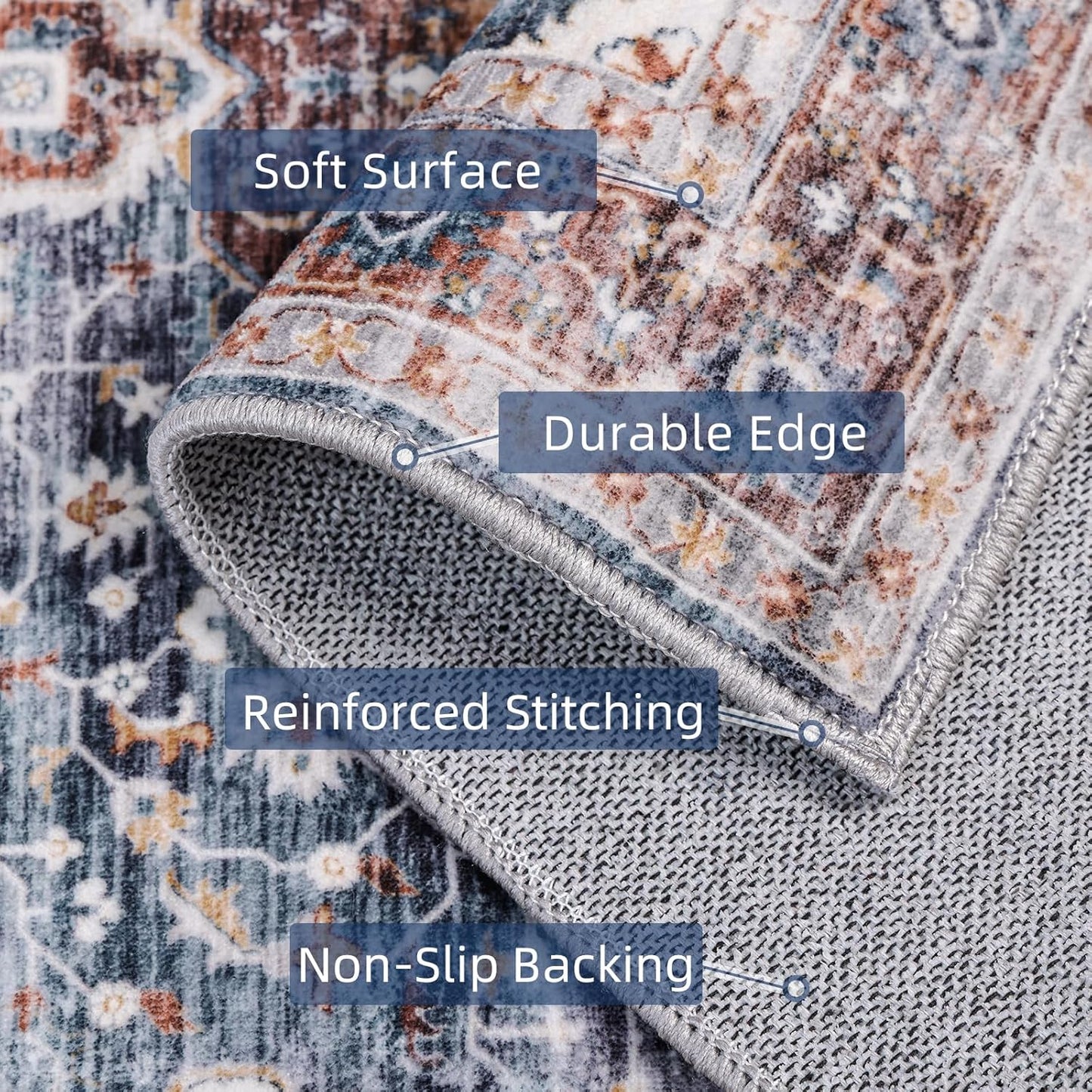 Deerly 3x5 Area Rug with Non-Slip Backing, Washable Rugs for Bedroom Living Room Kitchen, Distressed Carpet Printed Low-Pile Soft Dorm Rug Room Decor(Border Brown/Navy Blue)