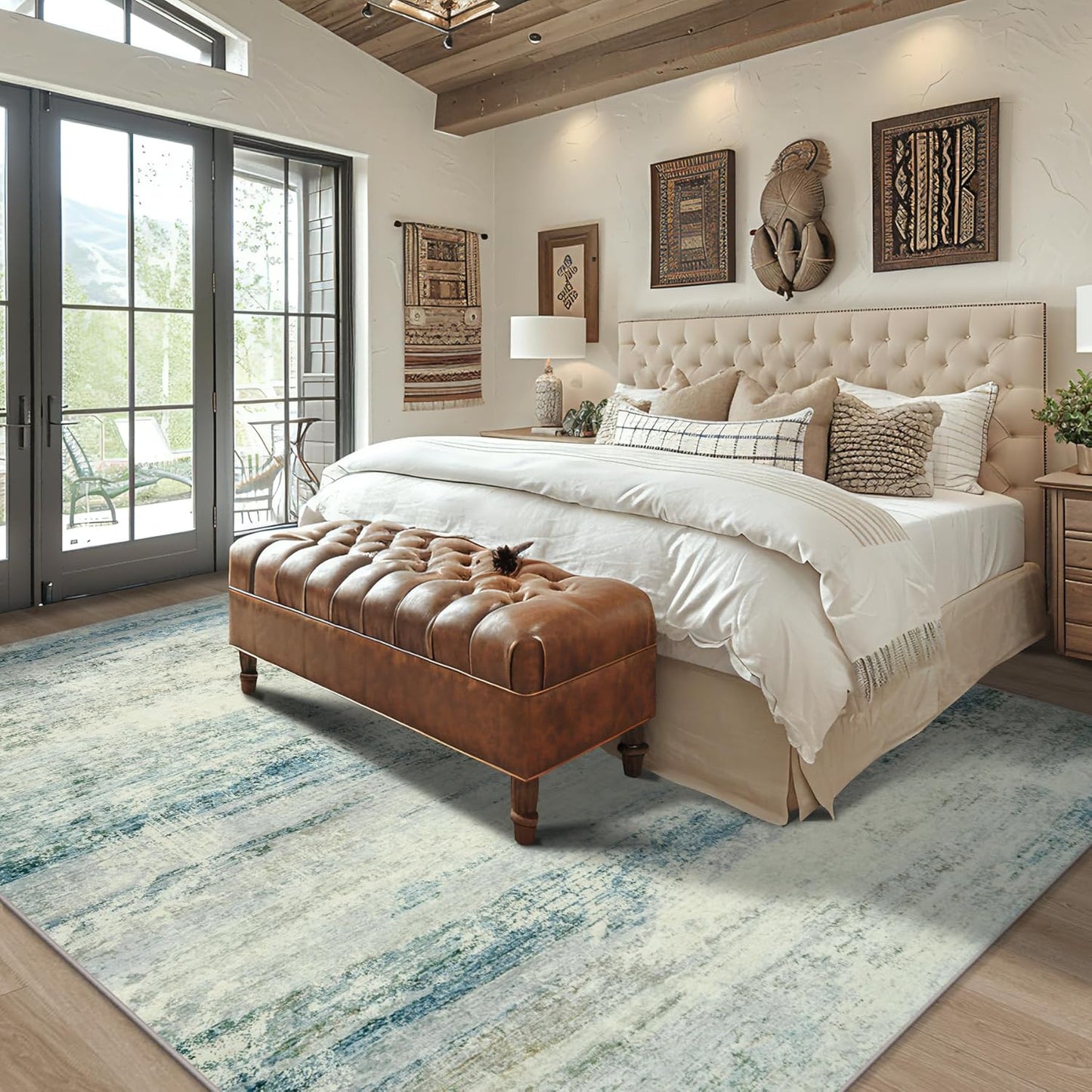 Area Rug 9x12 Washable Rugs: Abstract Large Living Room Rugs with Non-Slip Backing, Thin Carpet for Dining Room Table Bedroom Nursery Indoor Home Office-Blue/Gray